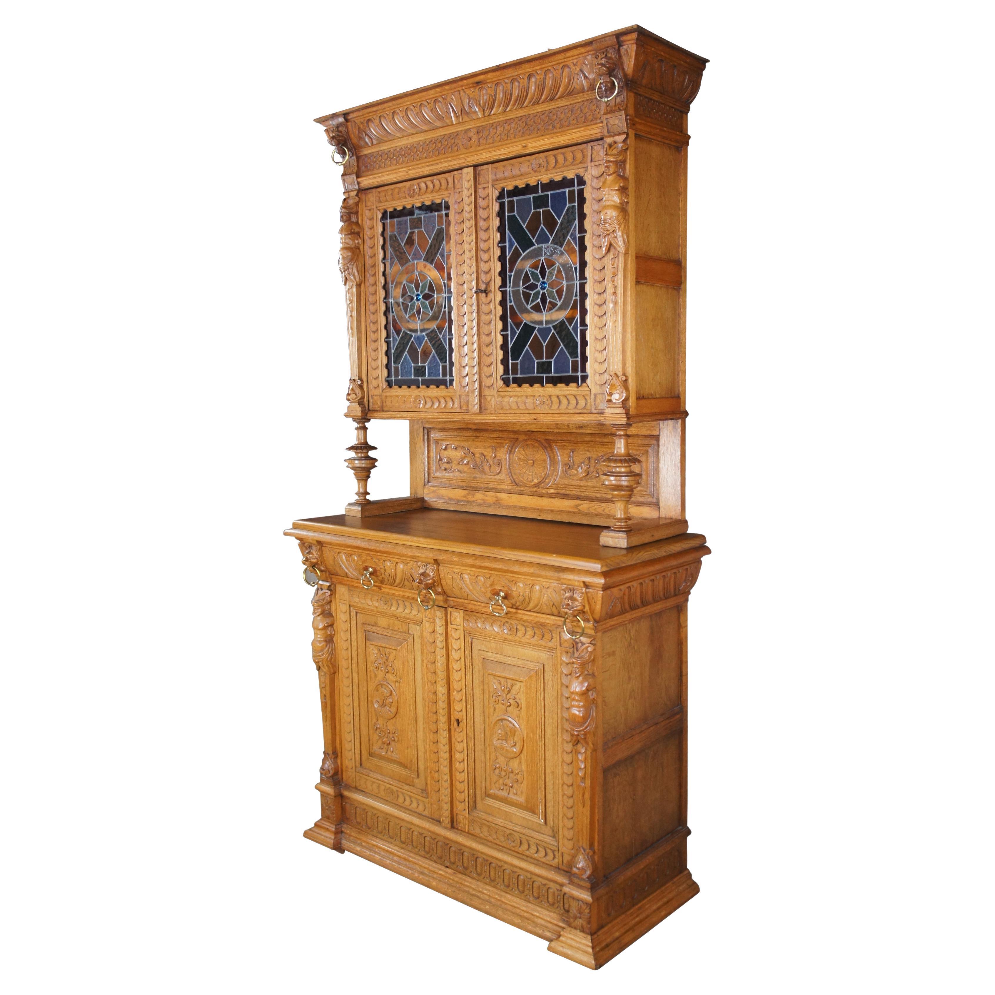 Antique European Mechelen Renaissance Oak Hunt Display Cabinet Stained Glass 90" For Sale