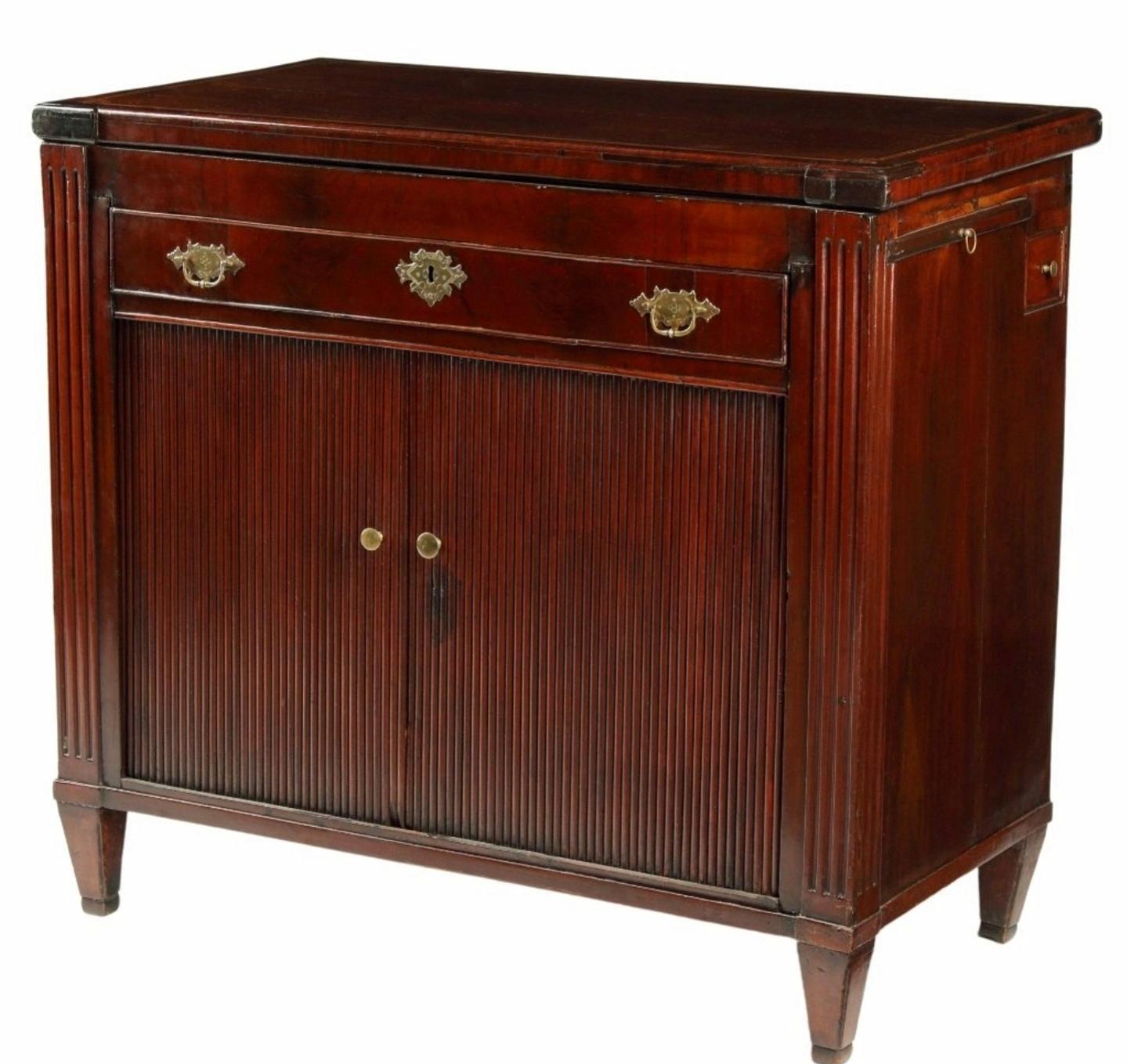 A scarce antique European, most likely Dutch, inlaid mahogany transformative buffet server. circa 1780

Hand-crafted in Continental Europe in the late 18th century, styled in period Louis XVI taste, featuring solid mahogany construction with
