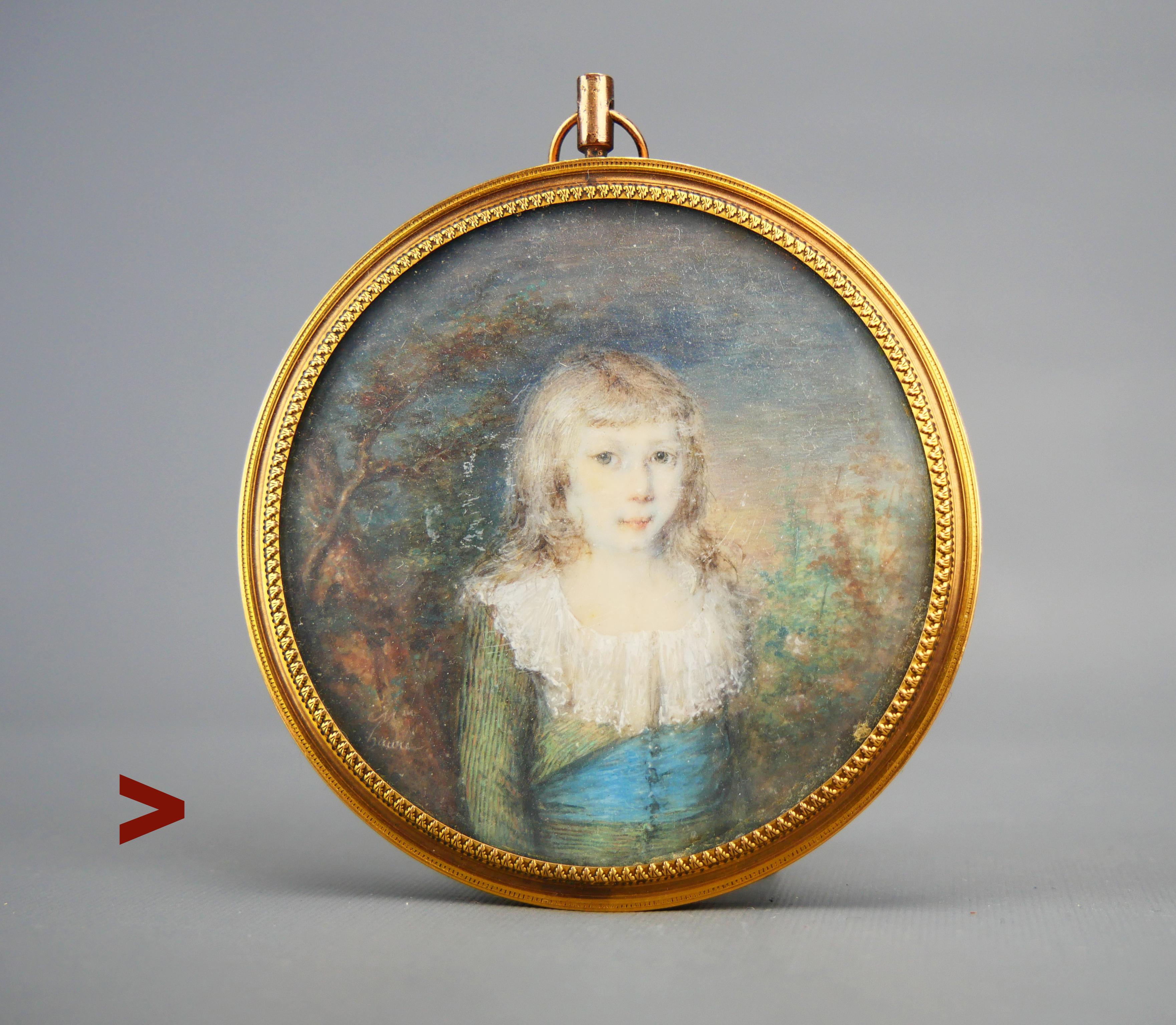 Ca. early 19th century miniature tempera on panel hand - painting of a boy.

Period gilt frame with original convex glass covers on both sides. Unframed measures Ø 62 mm unframed and Ø 71 mm framed.

Fine condition.

>








Most of the items that