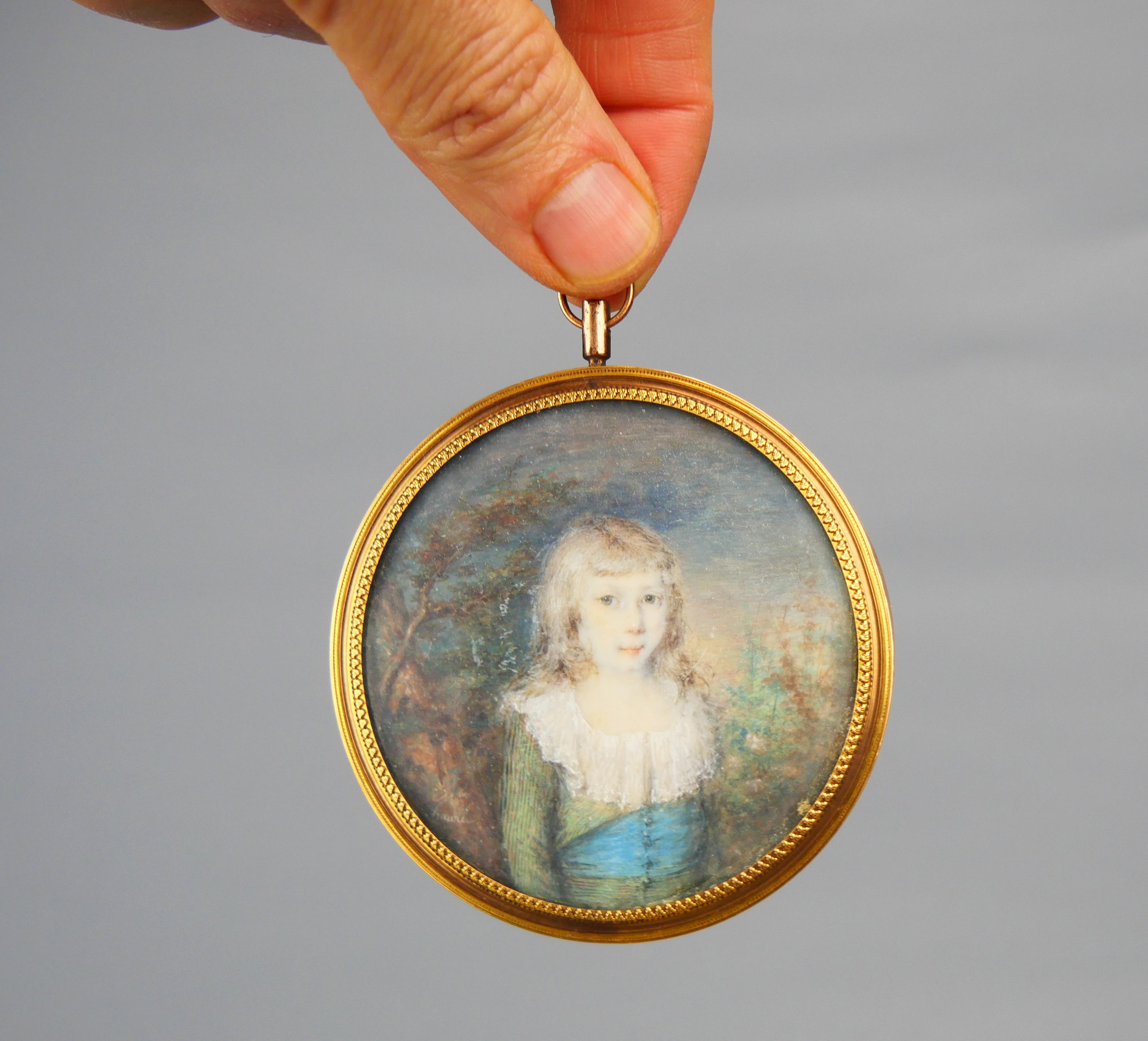 Gilt Antique European miniature Painting Portrait of a Boy For Sale