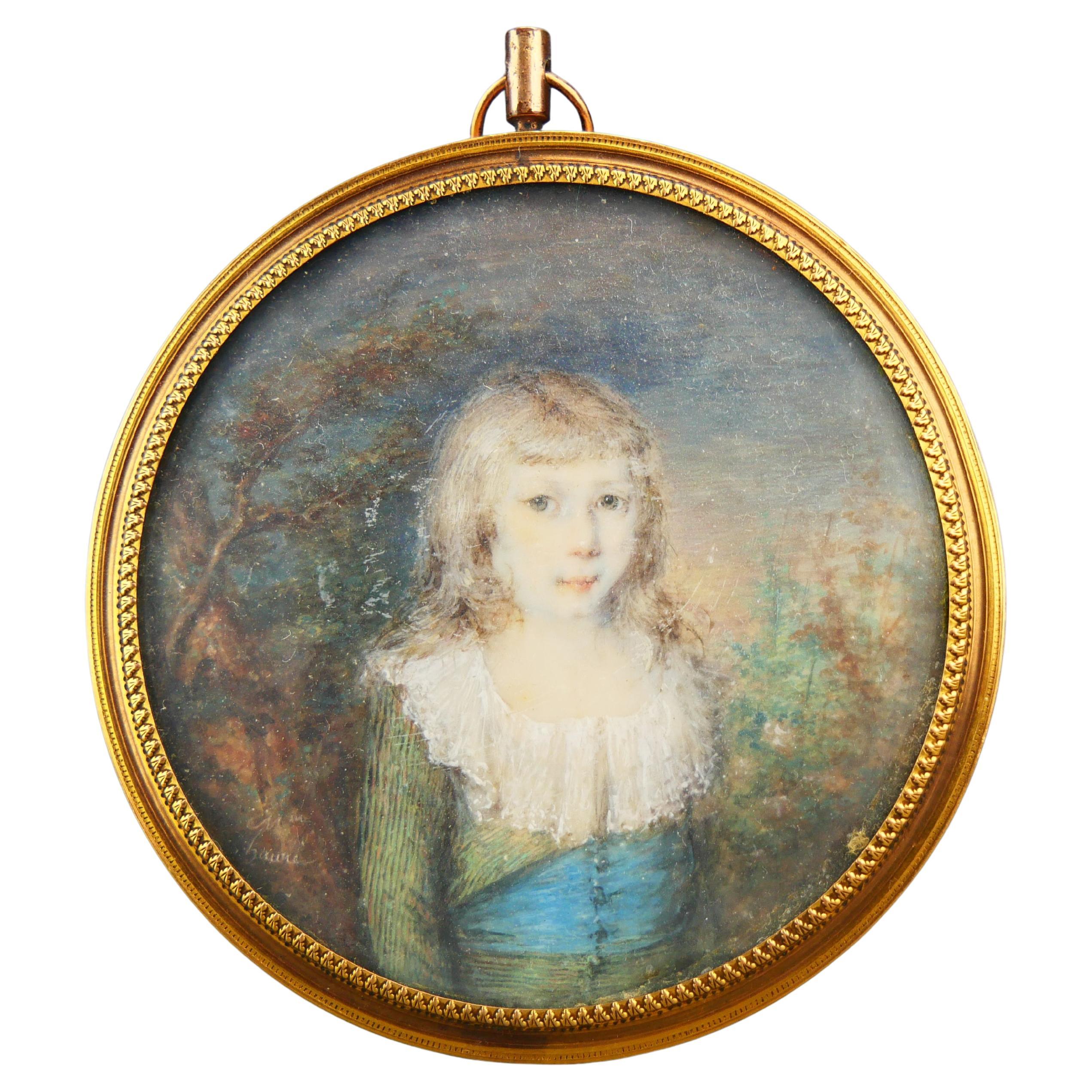 Antique European miniature Painting Portrait of a Boy For Sale