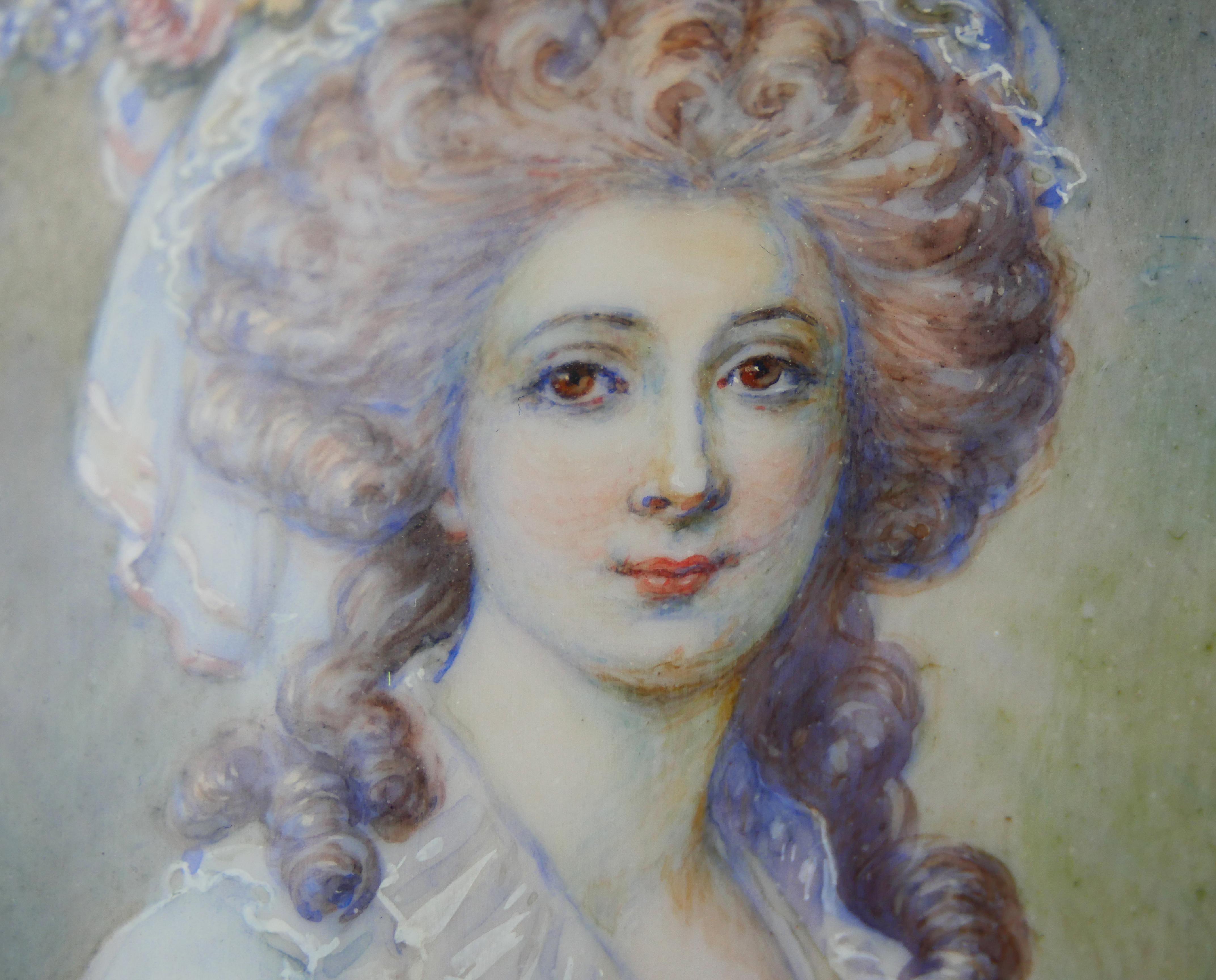 Antike europäische Miniatur Portrait Temperamalerei Frau in feinem Kleid (Louis XVI.) im Angebot