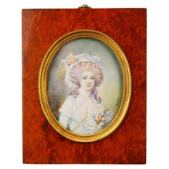 Antike europäische Miniatur Portrait Temperamalerei Frau in feinem Kleid