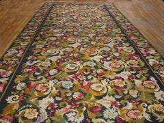 Delightful Black and Green Color with Flower Design Antique Needlepoint Rug