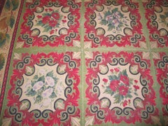 Surprising Multicolor Floral-Geometric Design Antique French Needlepoint Rug