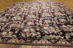 Astonishing Brown Ground in Cute Folk Art Style Antique European Needlepoint Rug