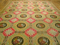 1870s Green Yellow Pink Antique French Needlepoint Carpet 13'6"x19'0" Formal Rug