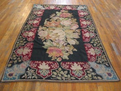 1890s Black Roses Antique French Needlepoint Carpet 5'2"x8'8" Flatweave Wool Rug