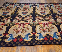 1860s Black Foliate Classic Antique European Needlepoint Rug 8'8"x10'5" Carpet