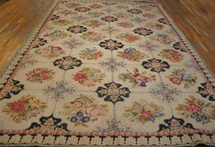 1890s Ivory Garden Antique English Needlepoint Carpet 9'x14'8" Flatweav Wool Rug