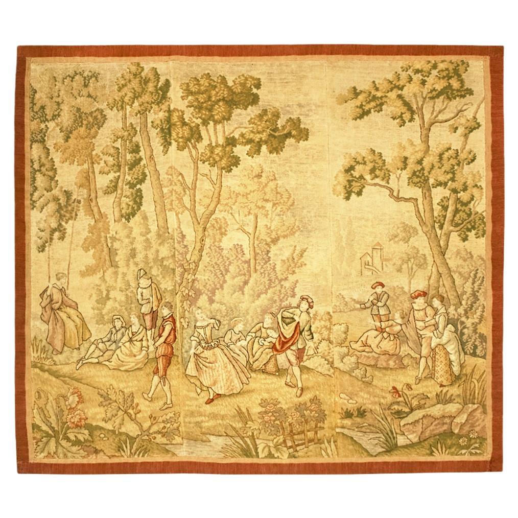 Antique European Needlepoint Tapestry Panels with Courtiers Reveling, circa 1900 For Sale