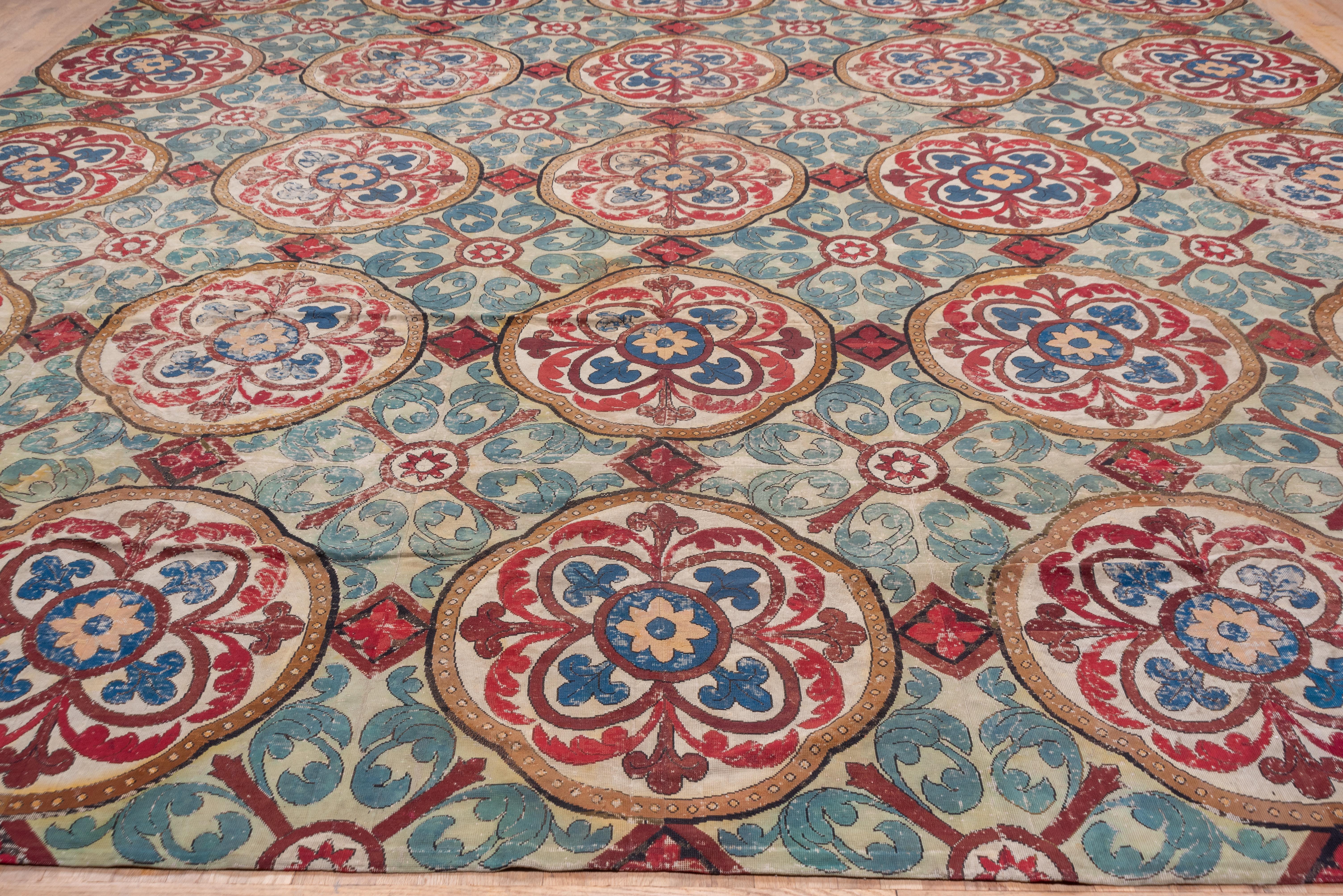 Antiker viktorianischer europäischer Gobelinstickerei-Teppich, 1870er Jahre, Rot-Grün und Blautöne (Französisch) im Angebot