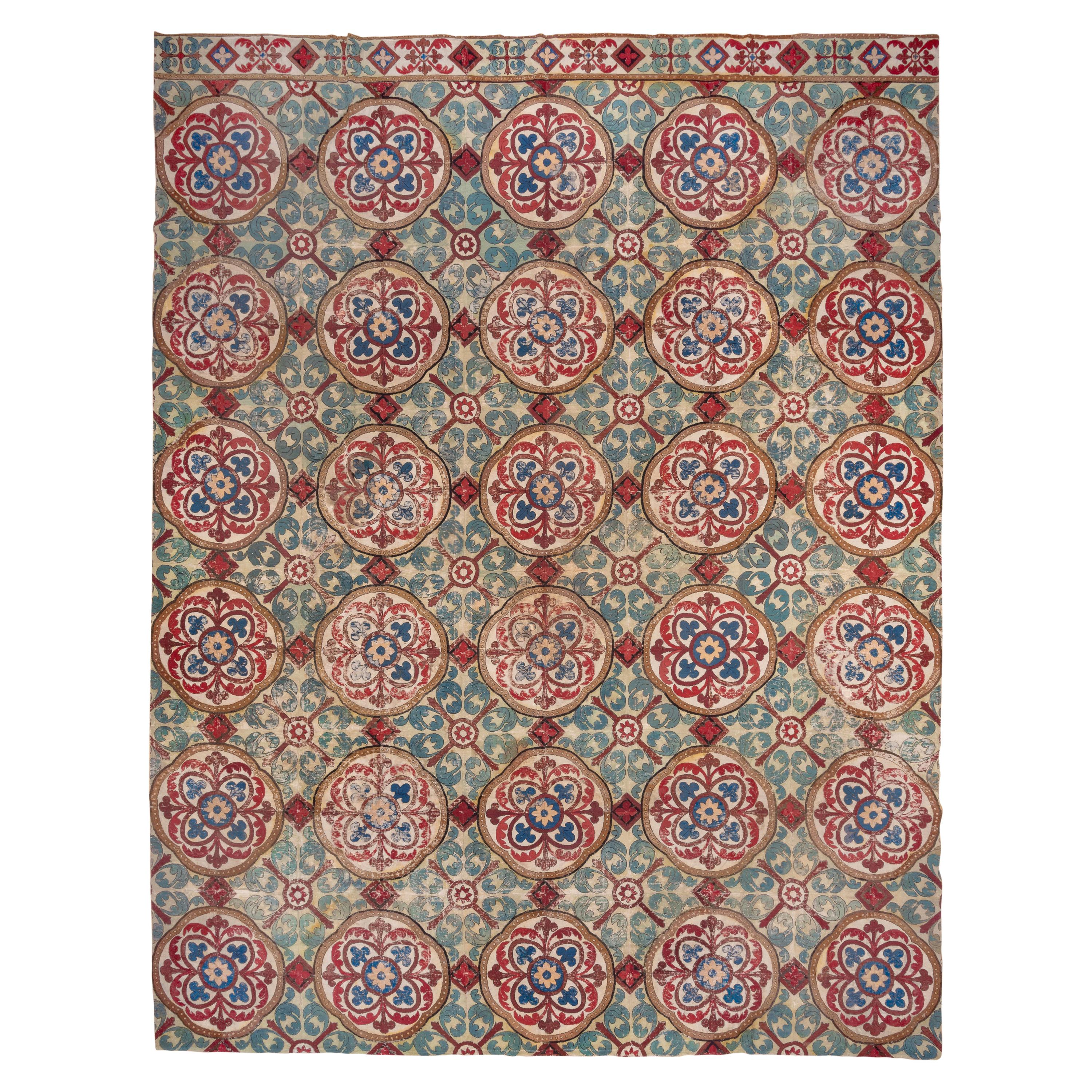 Antique European Needlepoint Victorian Carpet, 1870s, Red Green and Blue Tones For Sale