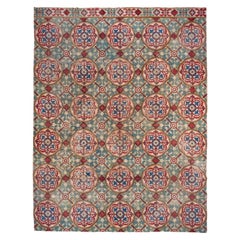 Antique European Needlepoint Victorian Carpet, 1870s, Red Green and Blue Tones