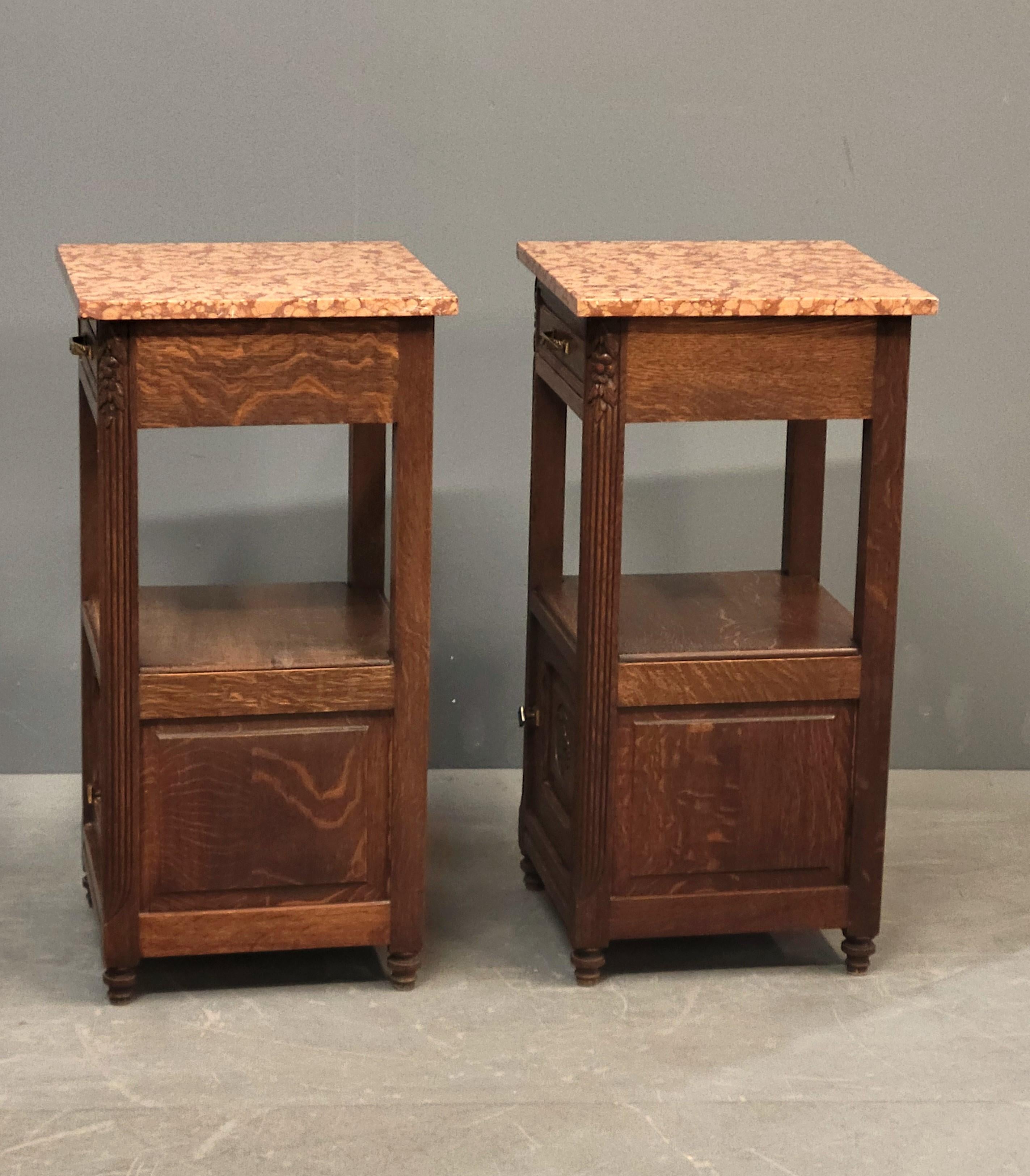 Antique European Oak and Italian Marble Pot Cupboards Nightstands - a Pair 3