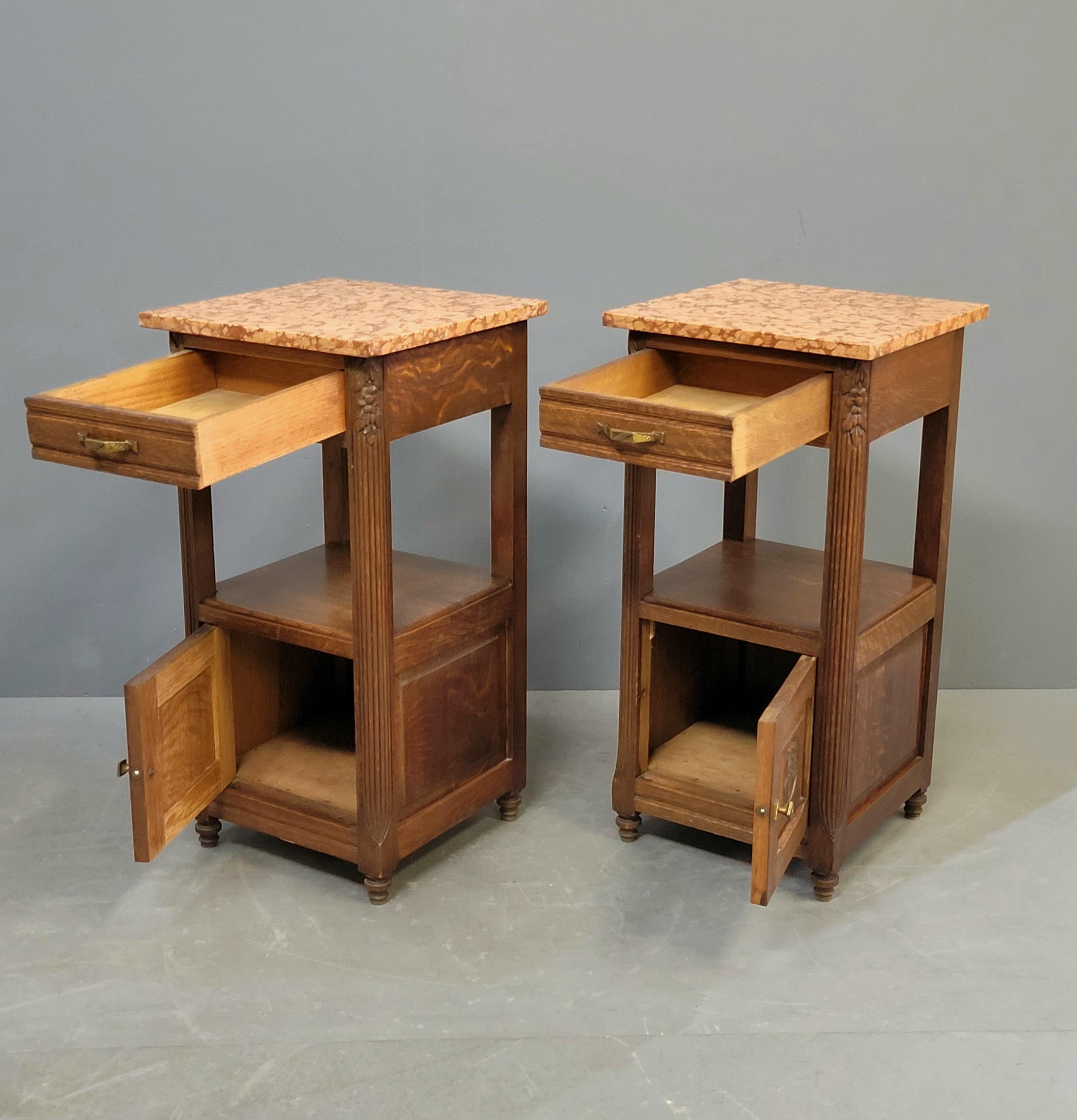 Art Nouveau Antique European Oak and Italian Marble Pot Cupboards Nightstands - a Pair