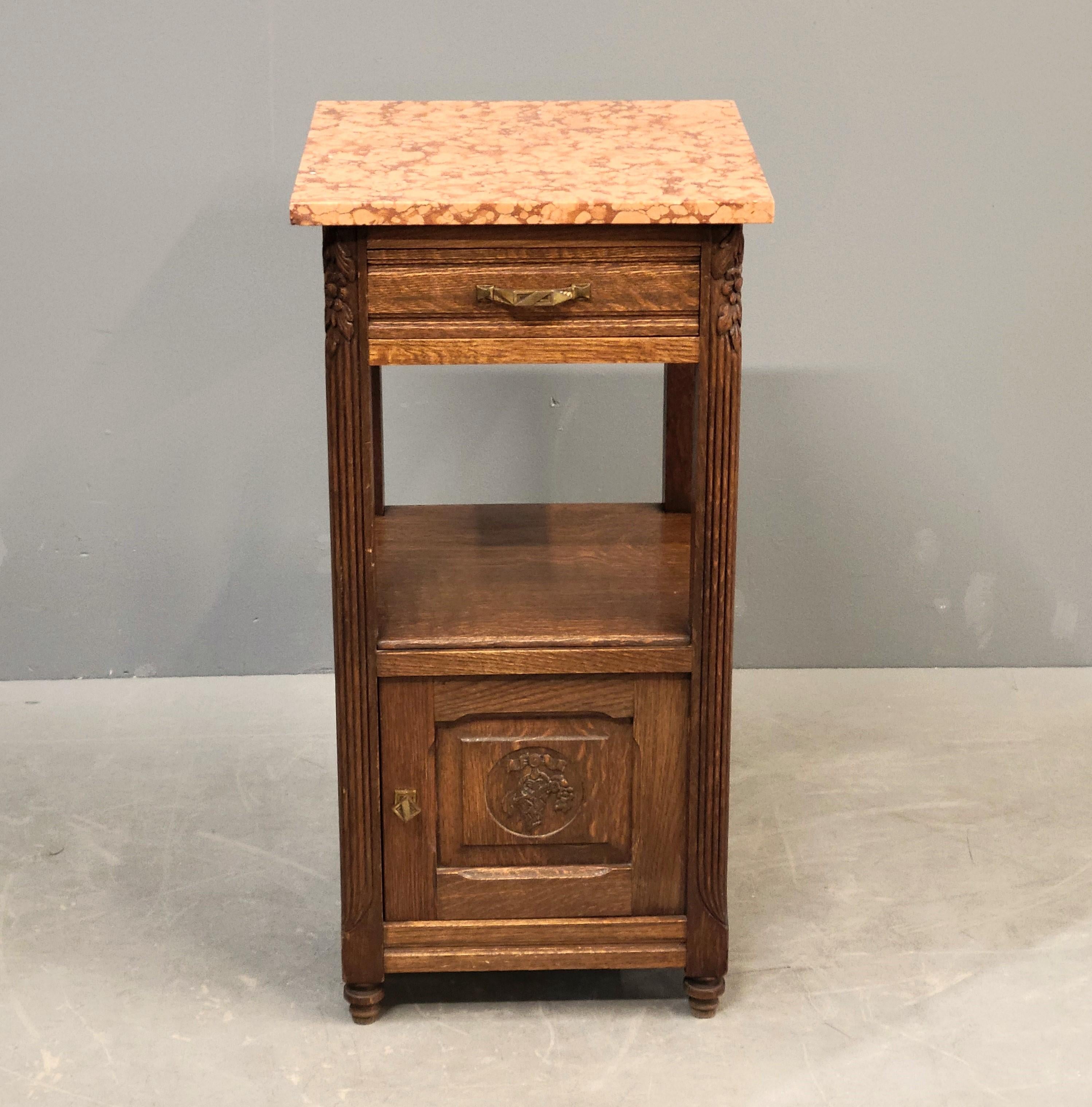 Hand-Crafted Antique European Oak and Italian Marble Pot Cupboards Nightstands - a Pair