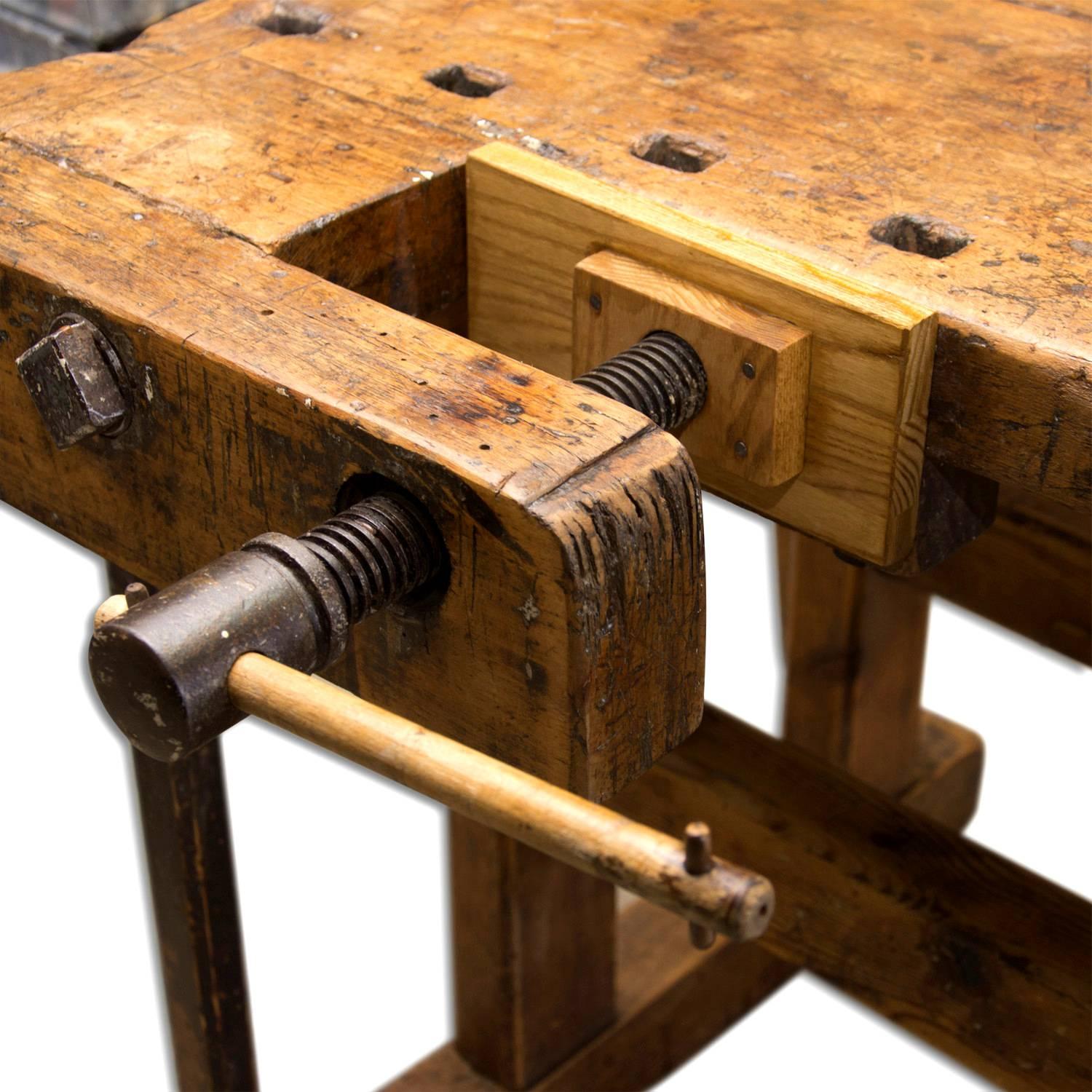 Iron Antique European Oak Carpenters' Workbench, 1920s