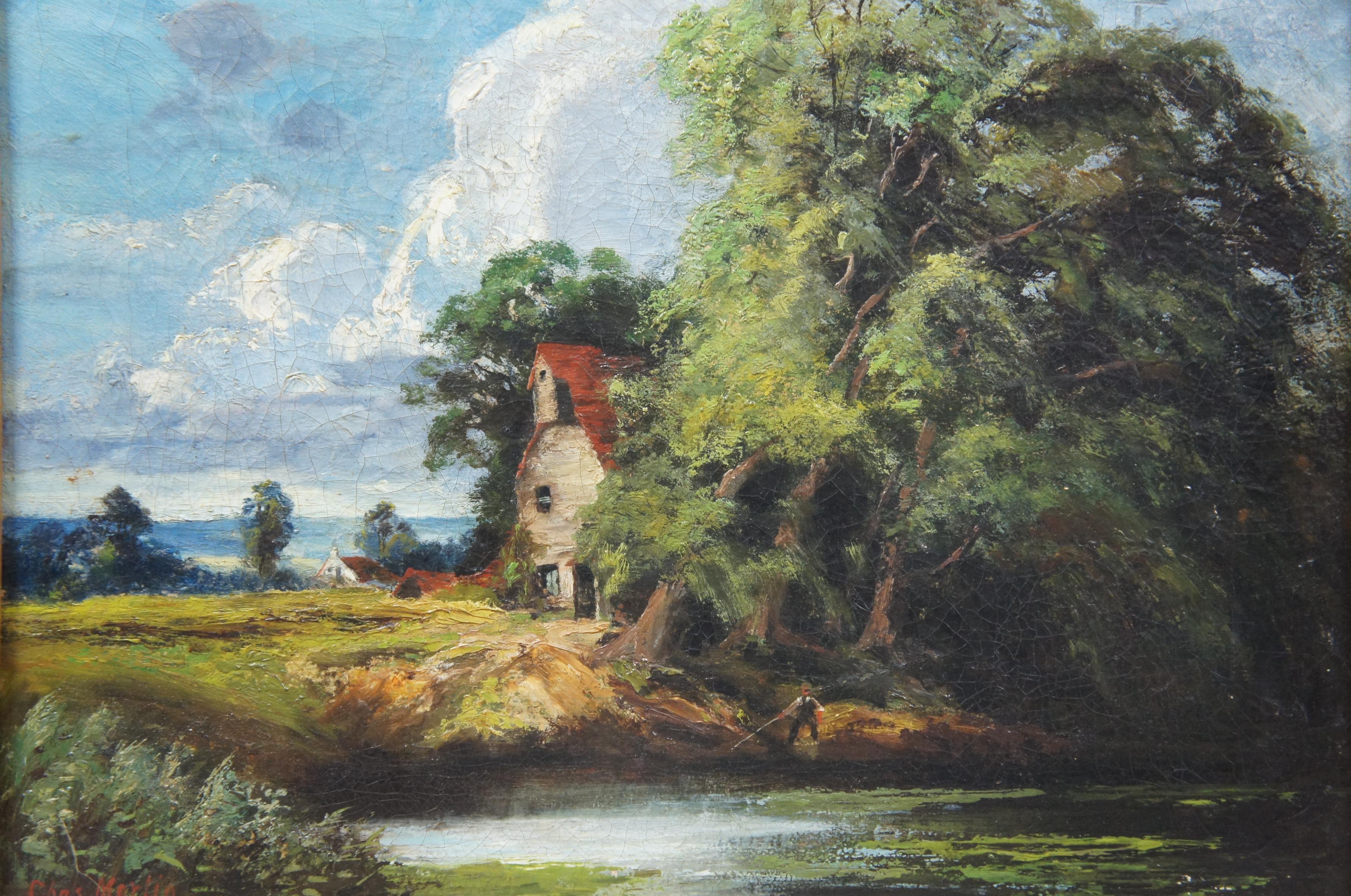 XIXe siècle Paysage à l'huile européen ancien sur toile Fisherman River Cottage Charles Martin en vente