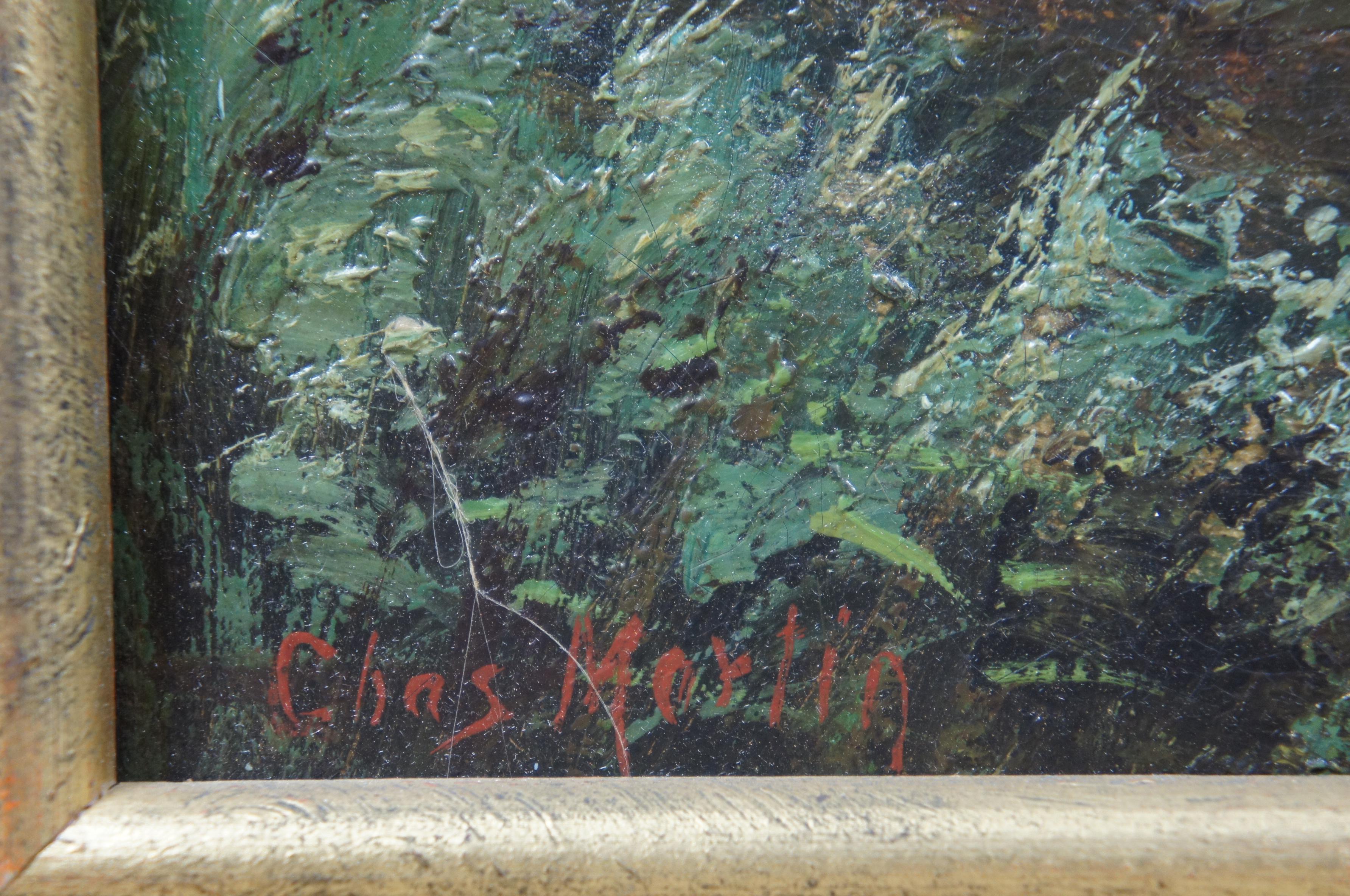 Peinture Paysage à l'huile européen ancien sur toile Fisherman River Cottage Charles Martin en vente
