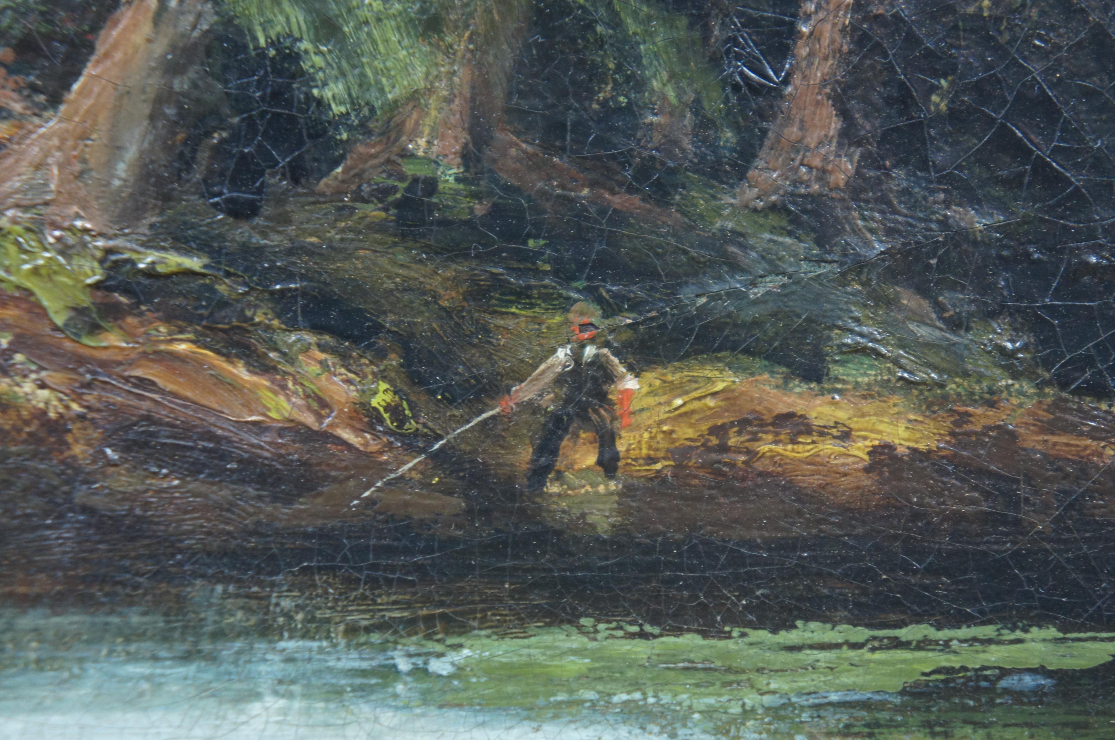 19th Century Antique European Oil Landscape on Canvas Fisherman River Cottage Charles Martin For Sale