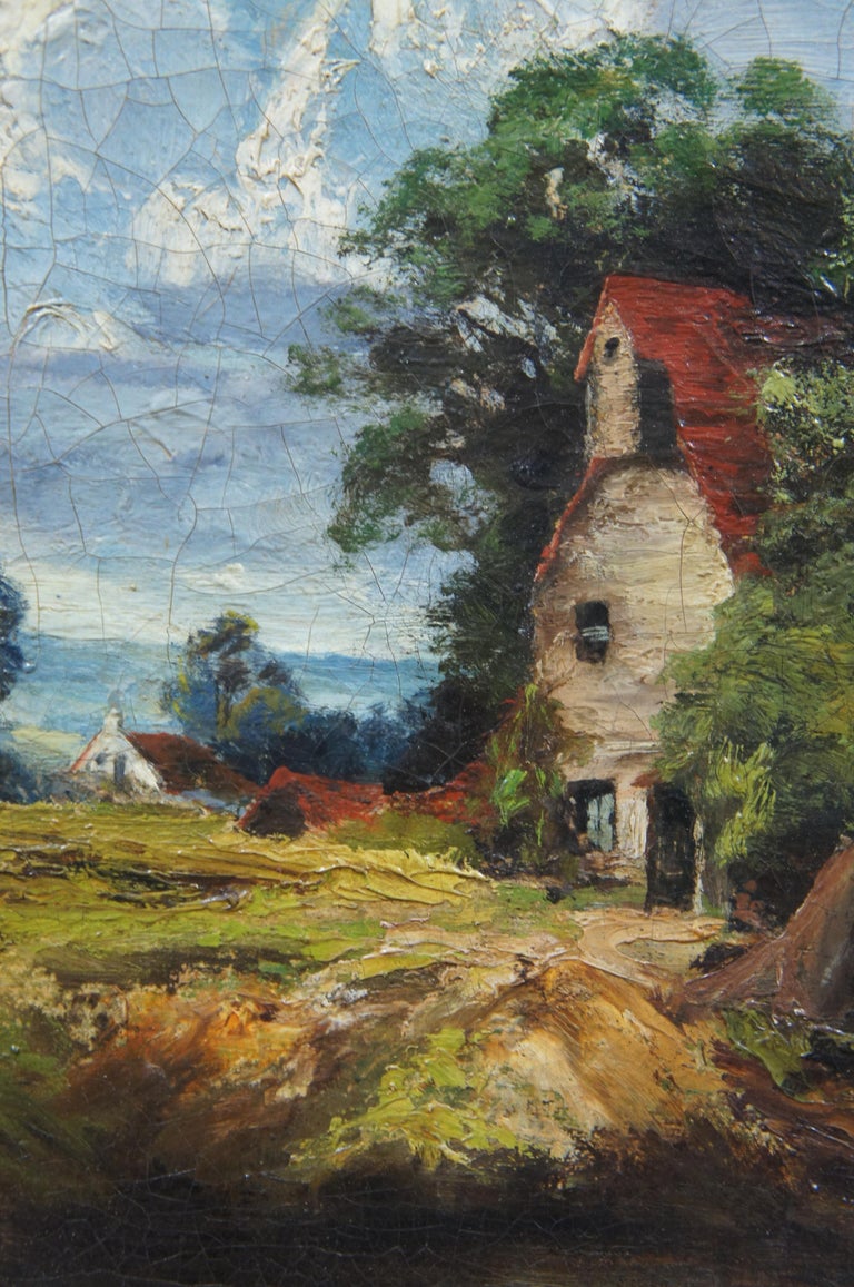 Antique European Oil Landscape on Canvas Fisherman River Cottage Charles Martin For Sale 3