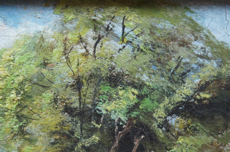 Antique European Oil Landscape on Canvas Fisherman River Cottage Charles Martin For Sale 4