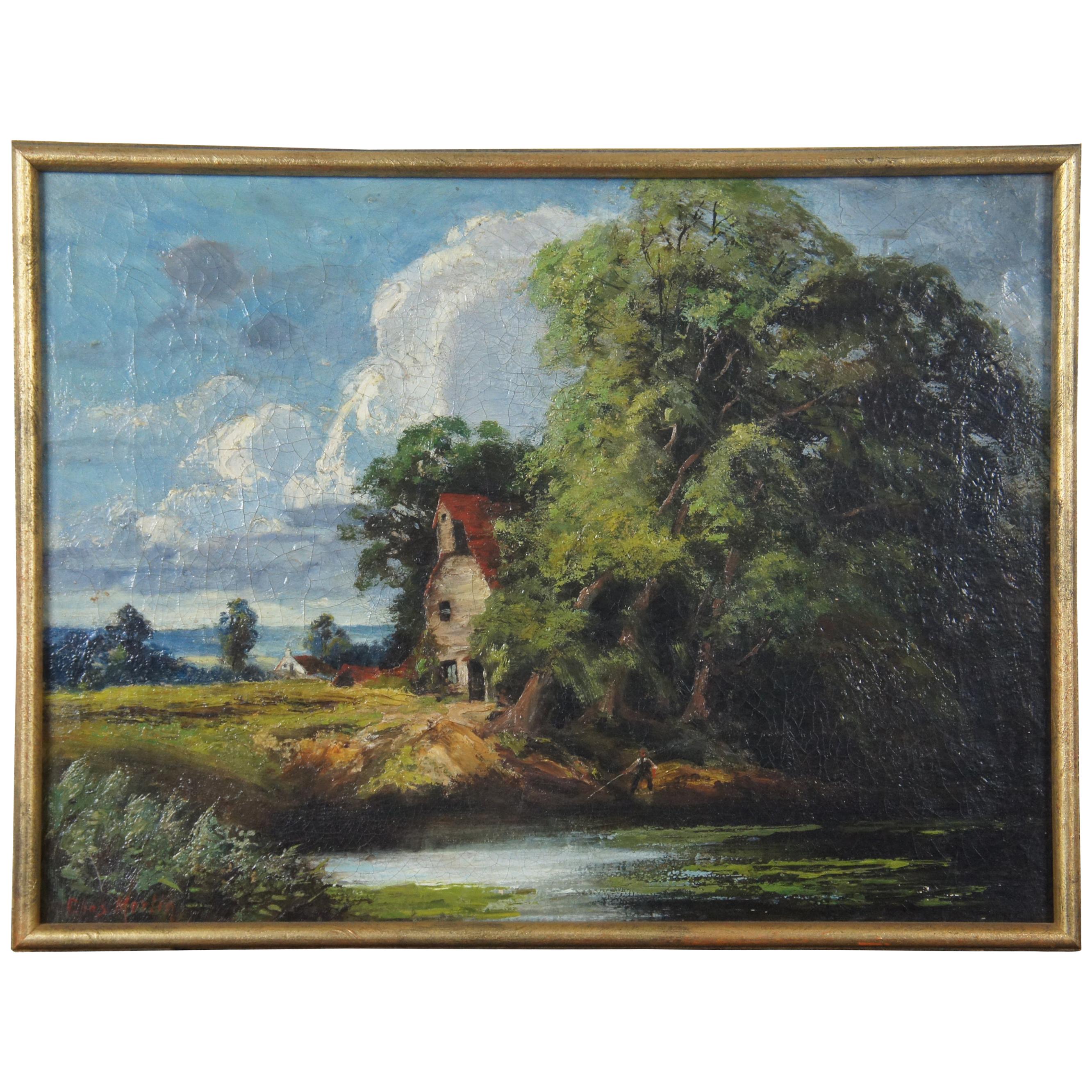 Antique European Oil Landscape on Canvas Fisherman River Cottage Charles Martin For Sale