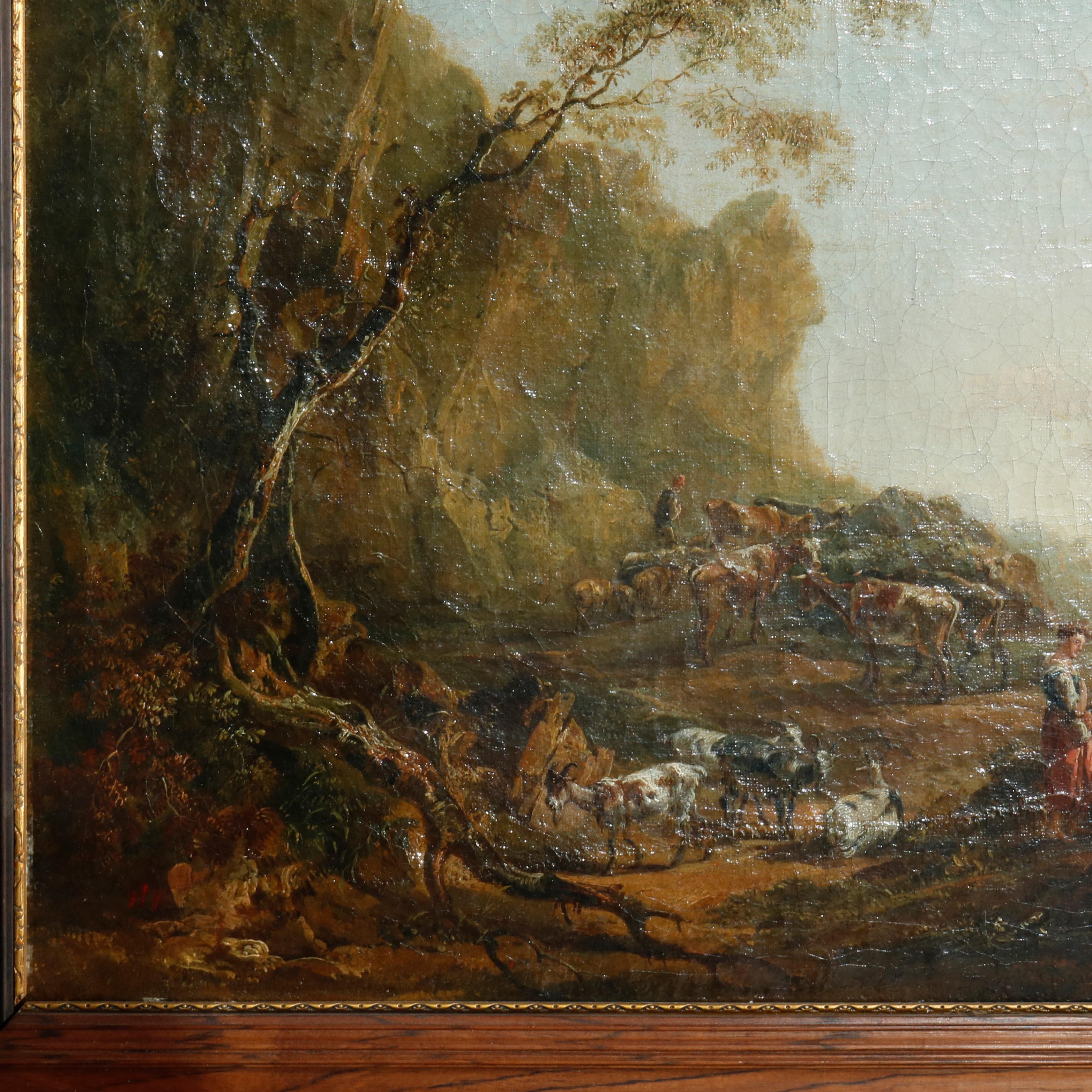 An antique European oil on canvas painting depicts mountainous landscape with figures and livestock including cattle and goats, seated on parcel gilt rosewood frame, mid 19th century

Measures: 19.5