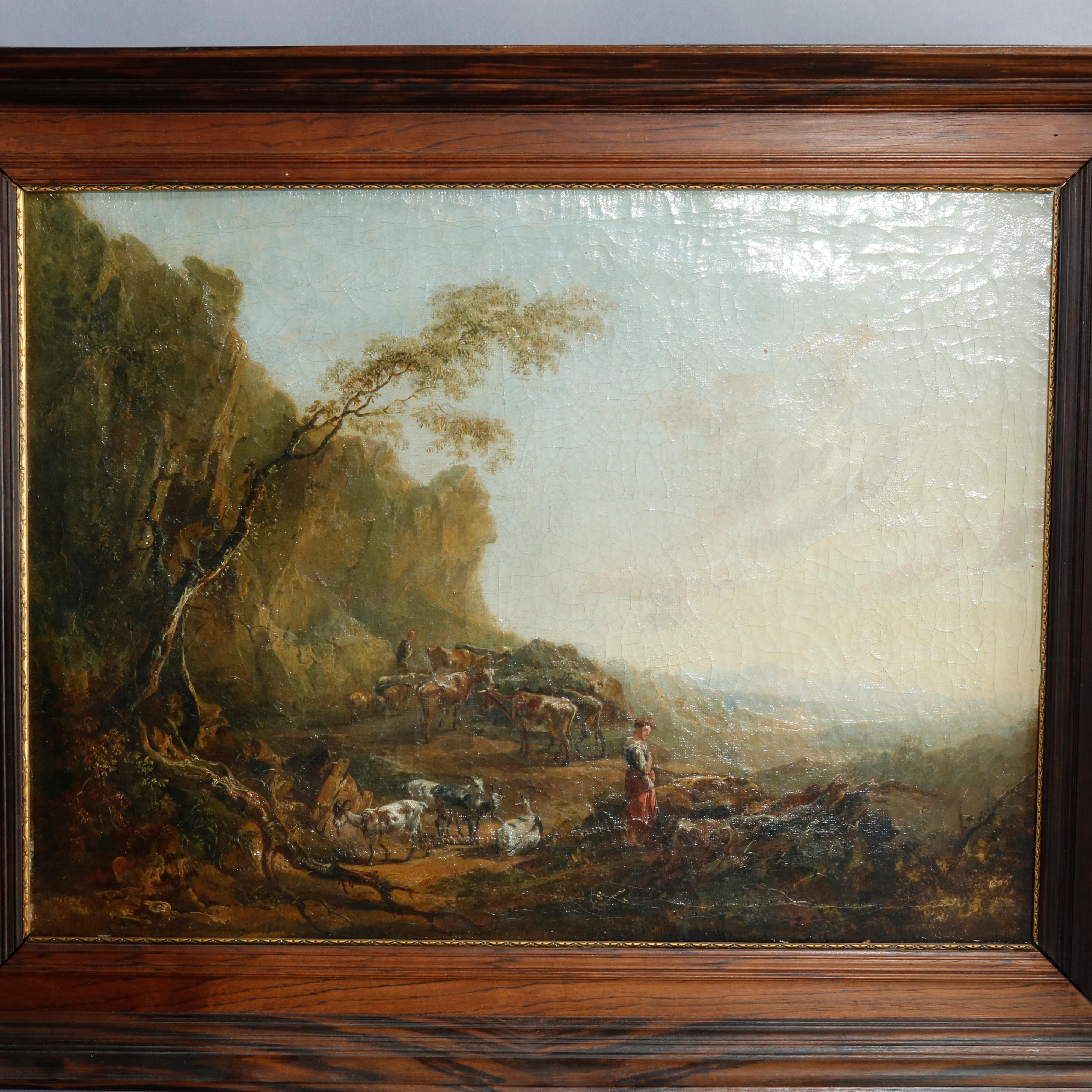 Carved Antique European Oil Painting, Landscape with Figures & Livestock, Mid-19th C
