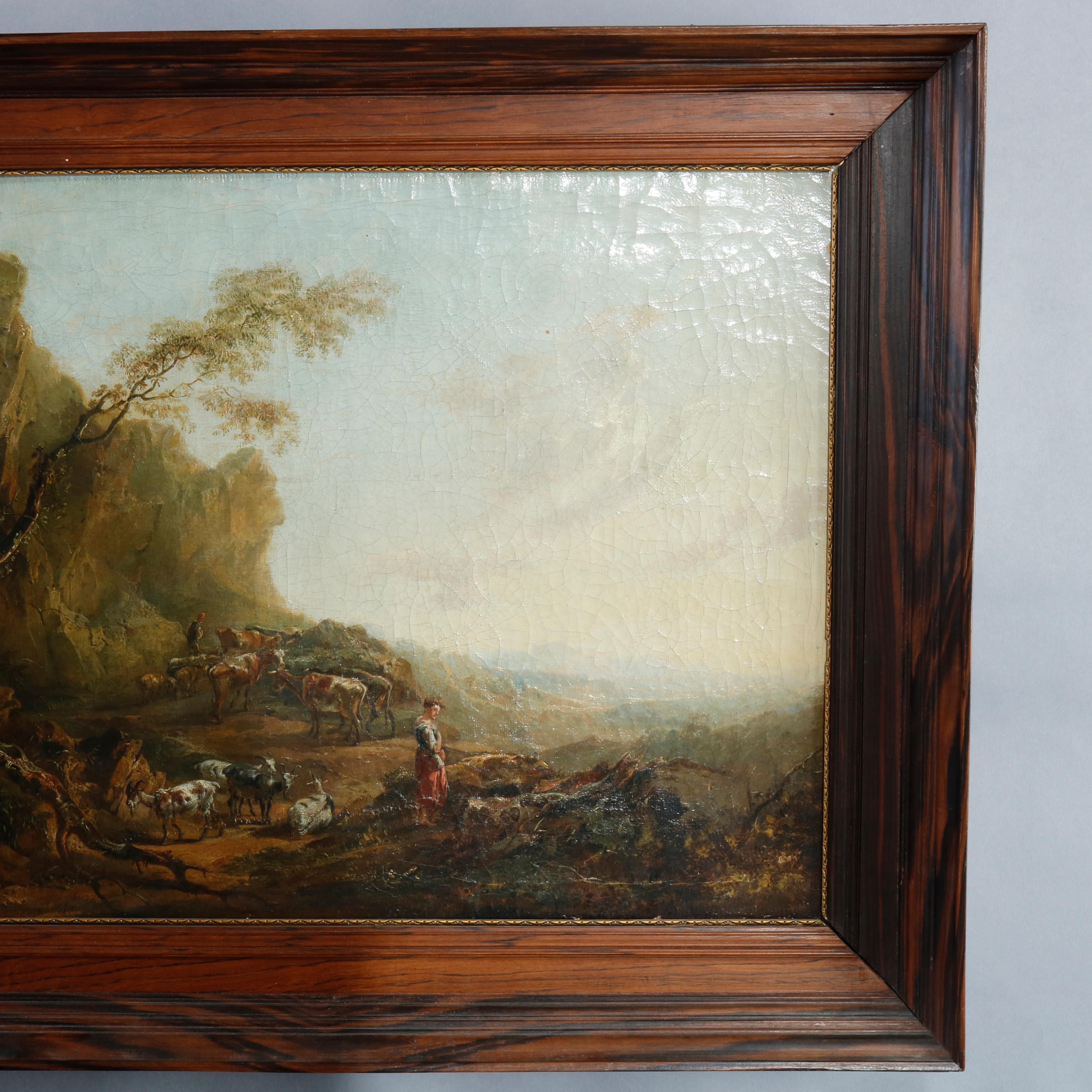 Antique European Oil Painting, Landscape with Figures & Livestock, Mid-19th C In Good Condition In Big Flats, NY