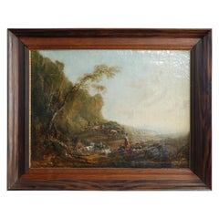 Antique European Oil Painting, Landscape with Figures & Livestock, Mid-19th C