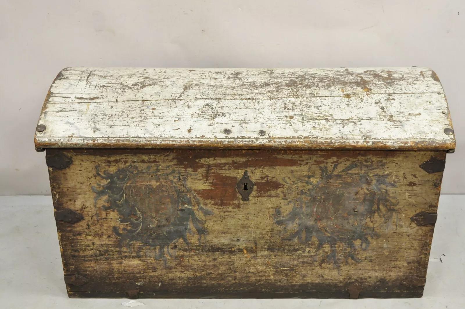Antique European Painted Large Wooden Dome Top Sea Trunk Treasure Chest (Locked, no key). Item features a heavy solid wood construction, with cast iron hardware and remnants of the hand painted details to the front. Front appears to read 