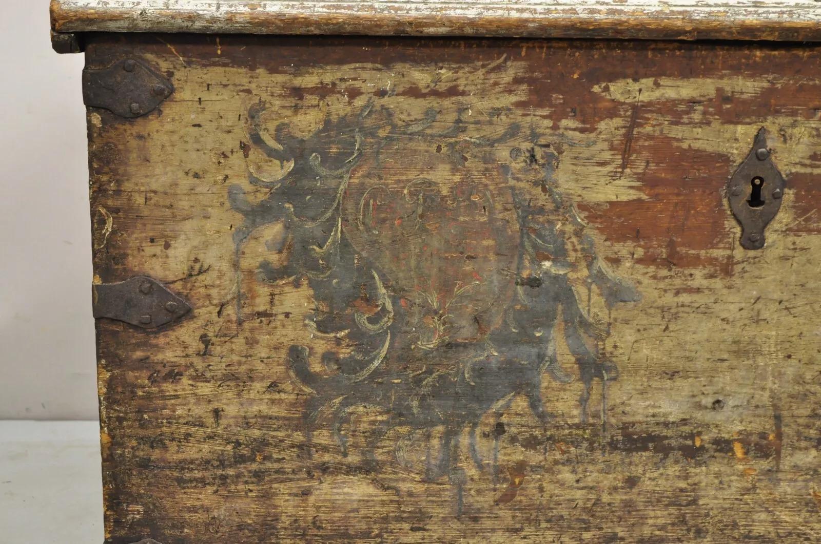 Other Antique European Painted Large Wooden Dome Top Sea Trunk Treasure Chest For Sale