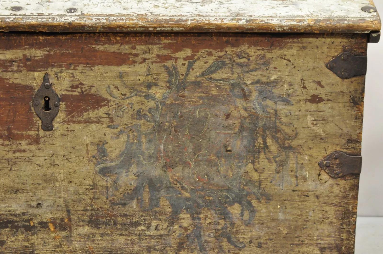 Antique European Painted Large Wooden Dome Top Sea Trunk Treasure Chest In Good Condition For Sale In Philadelphia, PA