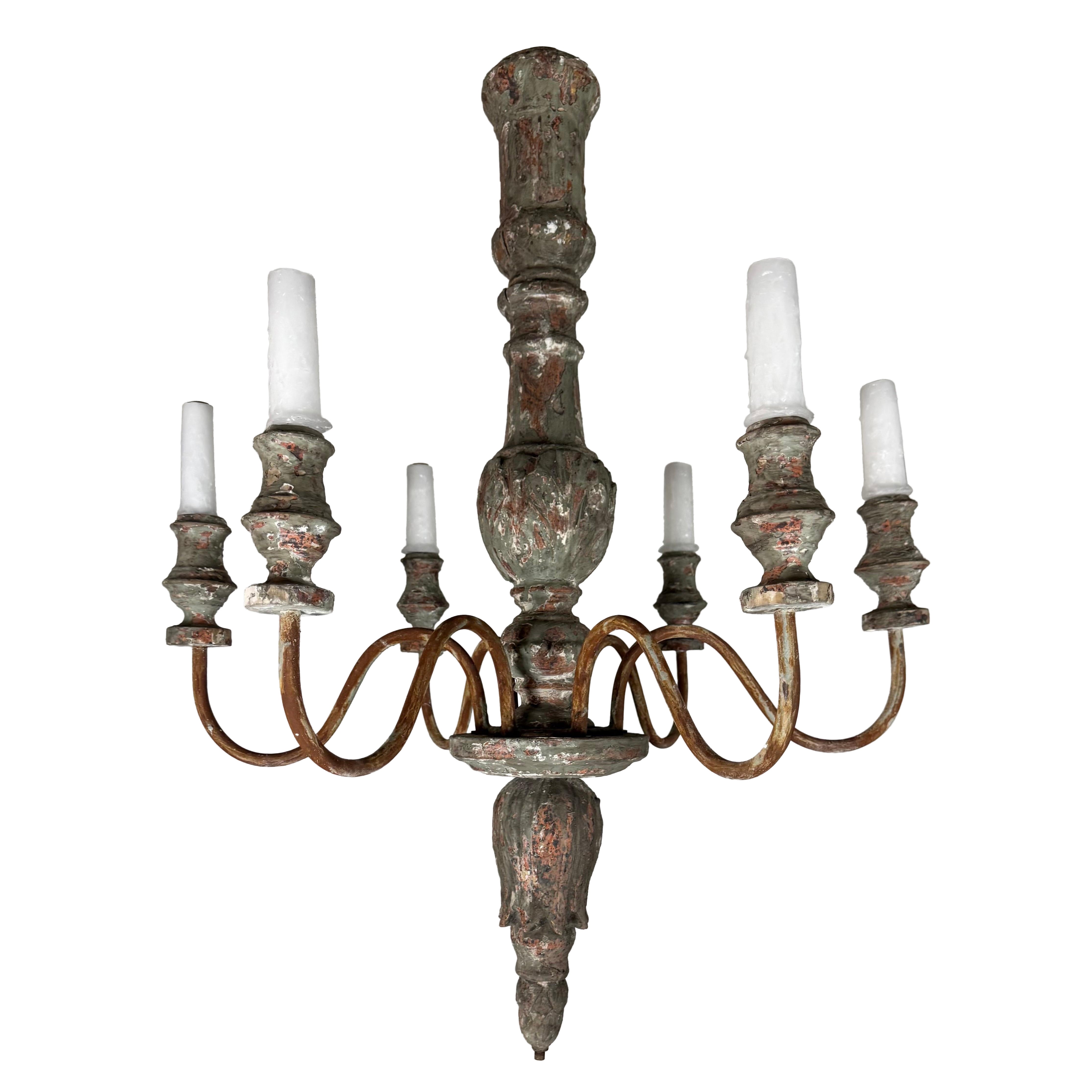 Antique European Painted Wood and Iron Six-Light Chandelier in vendita