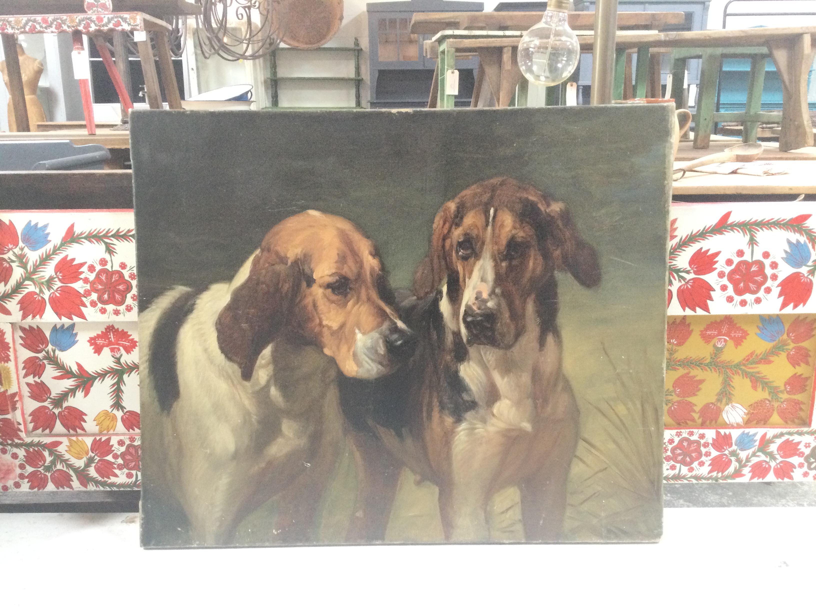 Mid-Century Modern Antique European Painting of Two Dogs