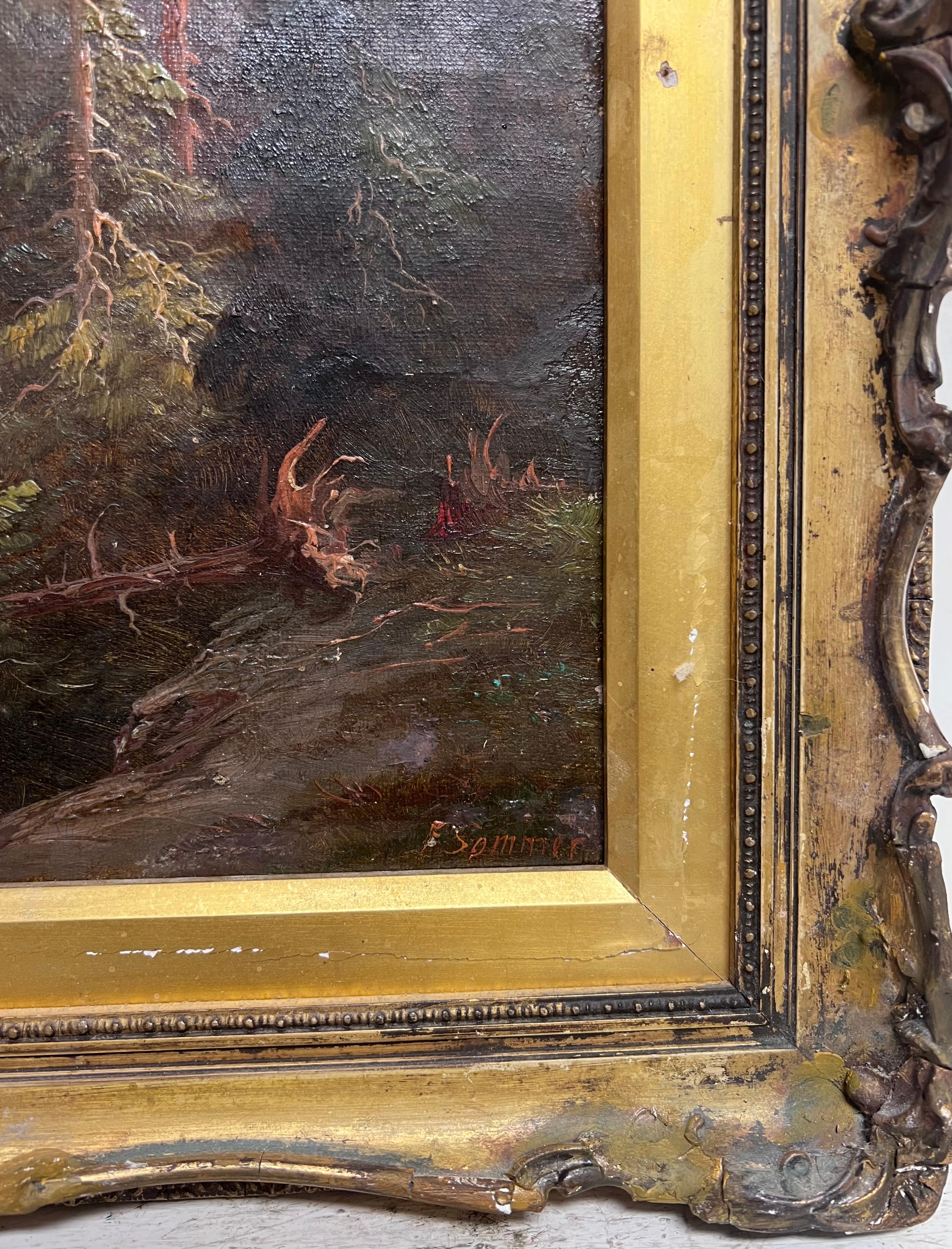 Ancienne huile européenne du 19e siècle signée Paysage de montagne enneigée et de rivière en vente 5