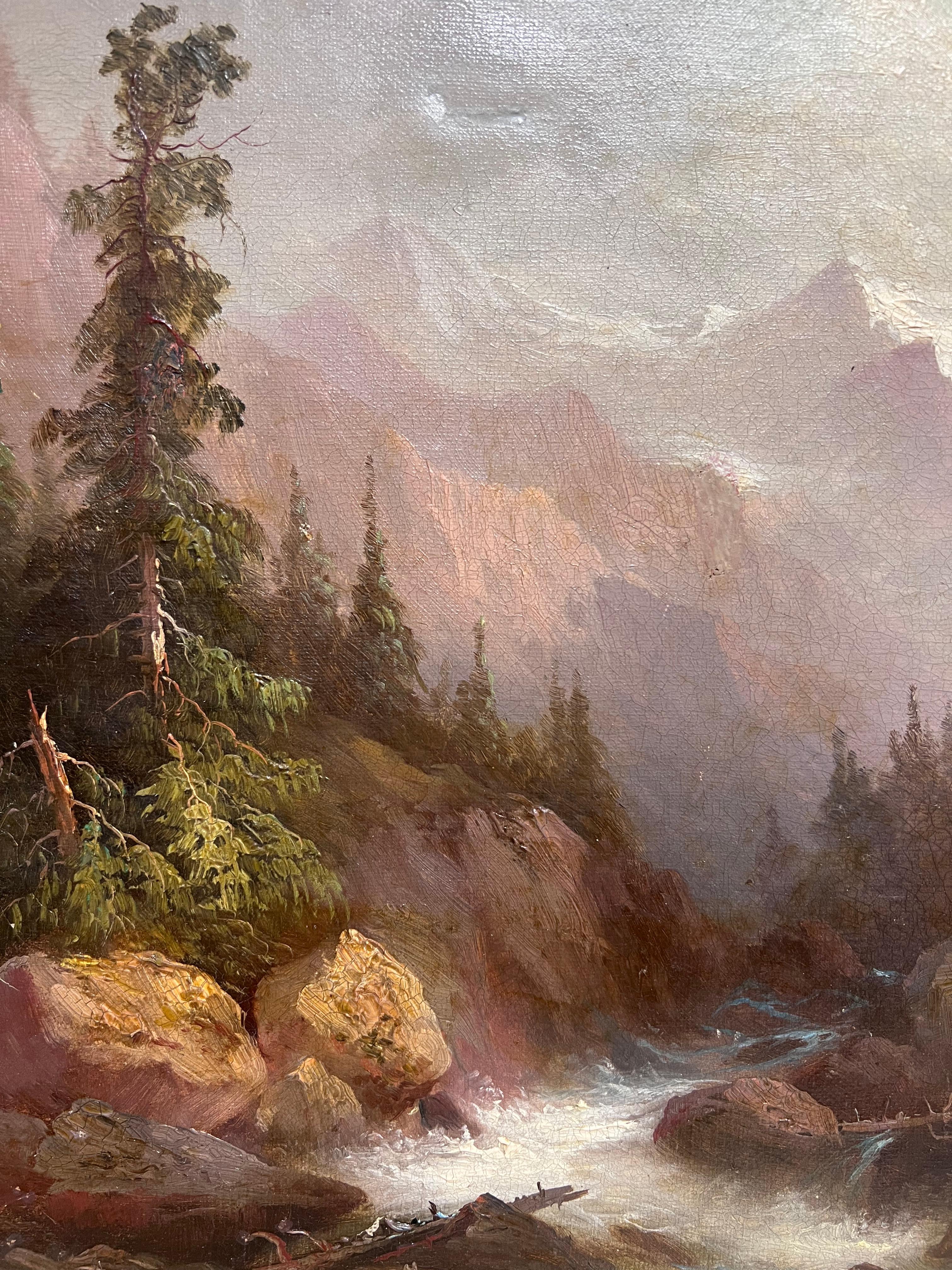 Ancienne huile européenne du 19e siècle signée Paysage de montagne enneigée et de rivière en vente 6