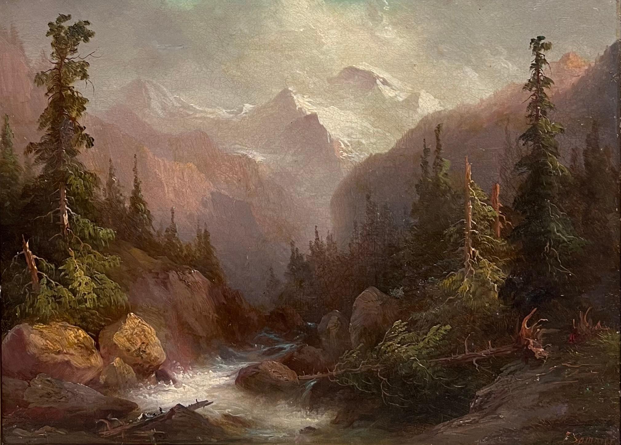 Ancienne huile européenne du 19e siècle signée Paysage de montagne enneigée et de rivière en vente 7