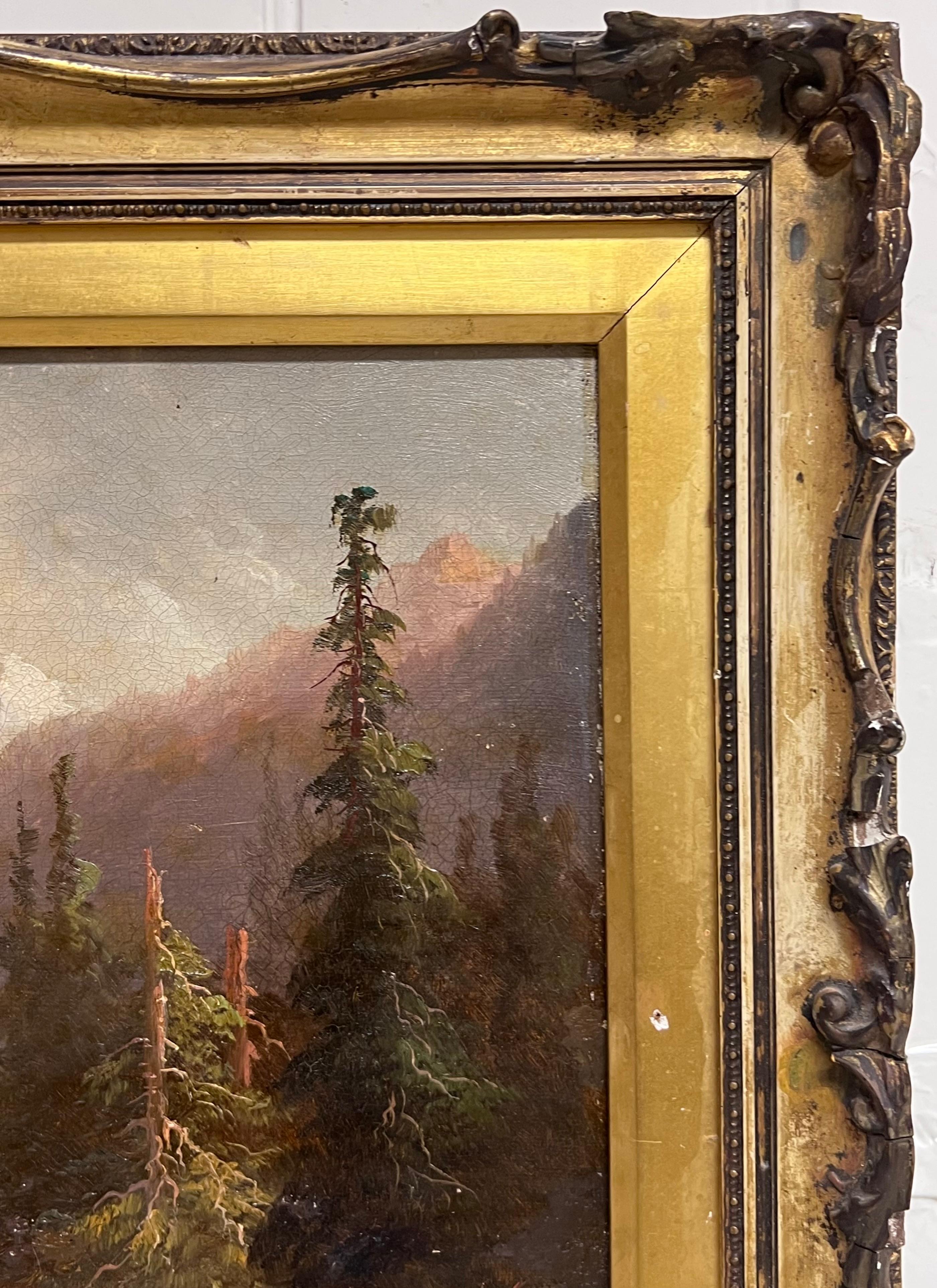 Ancienne huile européenne du 19e siècle signée Paysage de montagne enneigée et de rivière - Marron Landscape Painting par Antique European