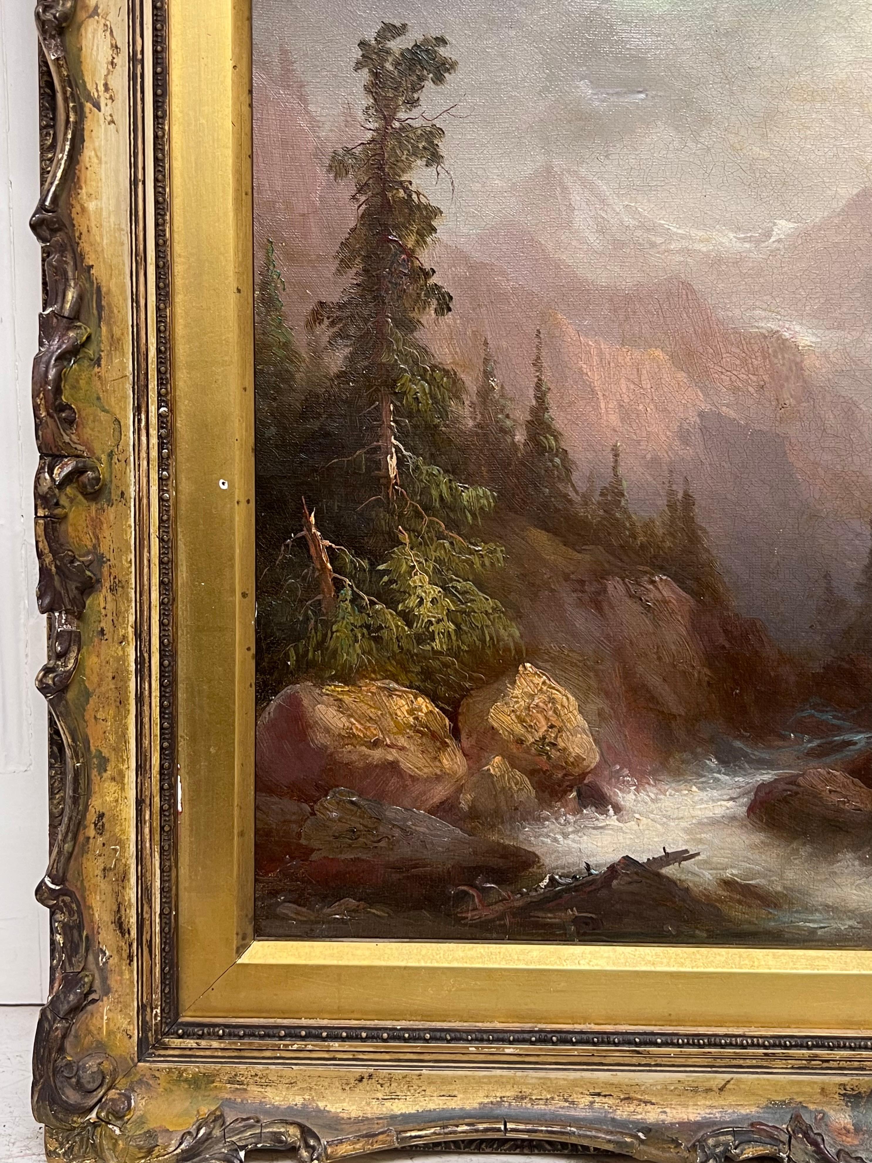 Ancienne huile européenne du 19e siècle signée Paysage de montagne enneigée et de rivière en vente 1