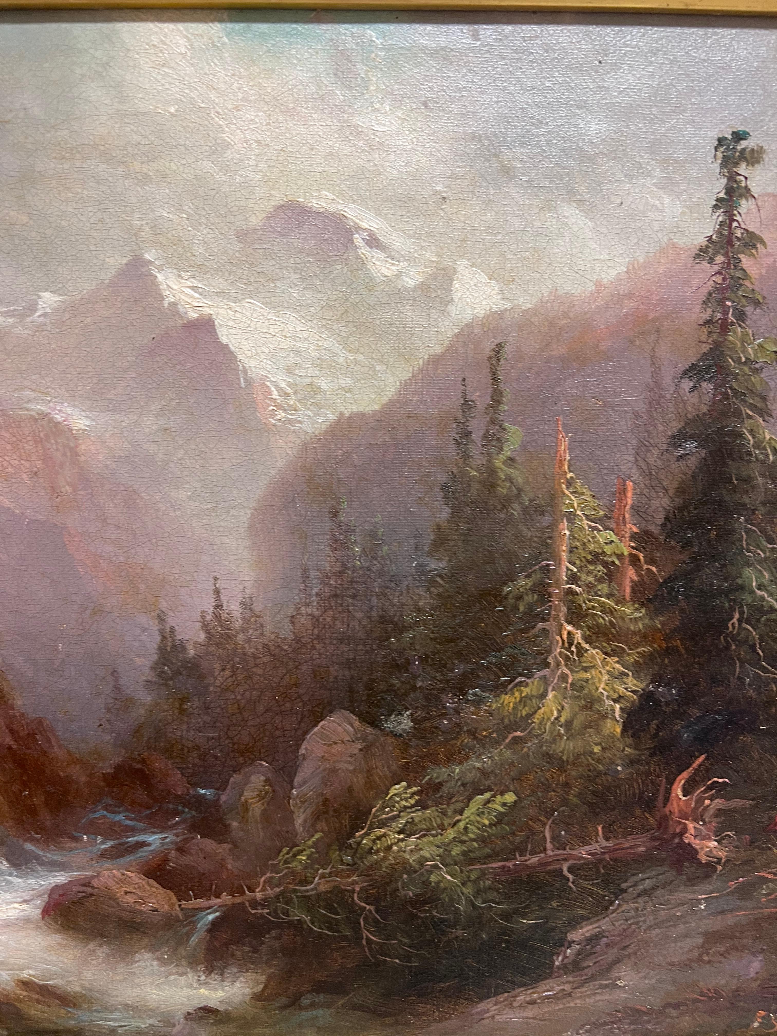 Ancienne huile européenne du 19e siècle signée Paysage de montagne enneigée et de rivière en vente 2