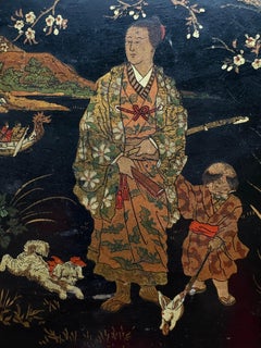 Antique European Papier Mâché Tray, Hand-Painted Japonaiserie Scene, circa 1870