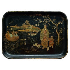 Antique European Papier Mâché Tray, Hand-Painted Japonaiserie Scene, circa 1870