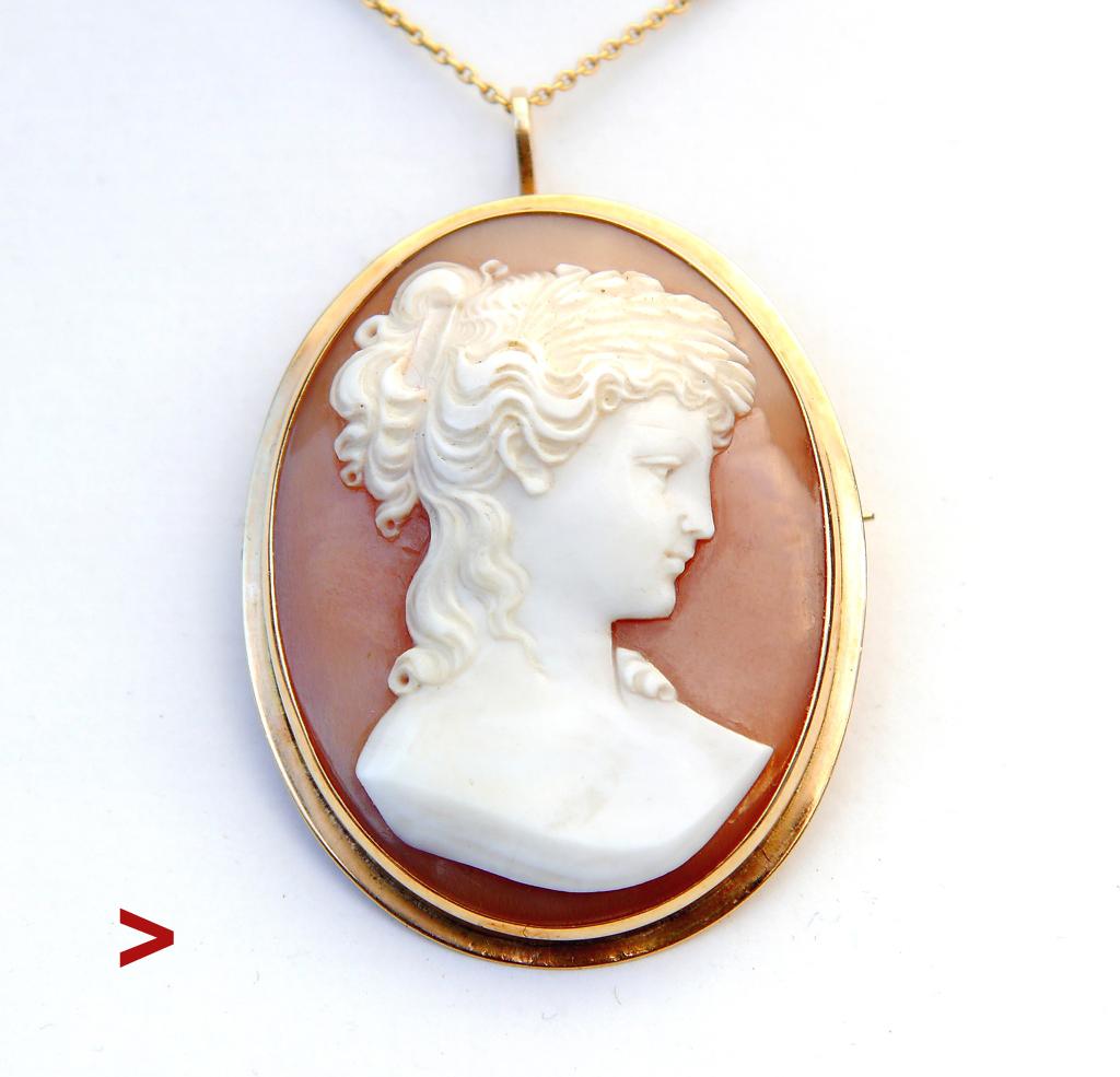 Antique pendant/brooch with hand carved Shell cameo depicting Demeter - Greek Goddess of the harvest and agriculture, who presided over grains and the fertility of the earth She has a laurel of ear - wheat on her forehead which is her typical symbol