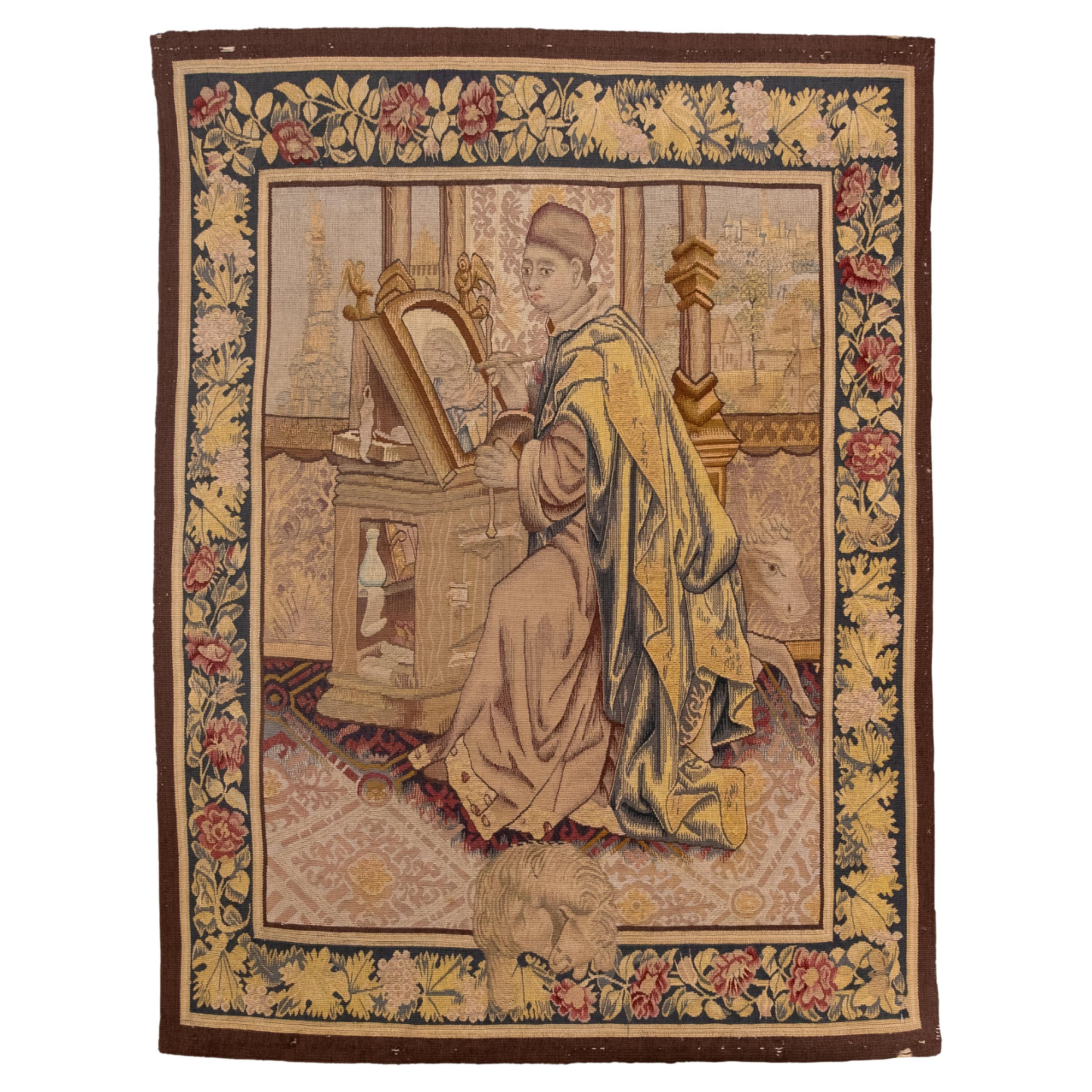 Antiker europäischer Bildteppich, der einen Gelehrten darstellt, CIRCA Anfang 20. im Angebot