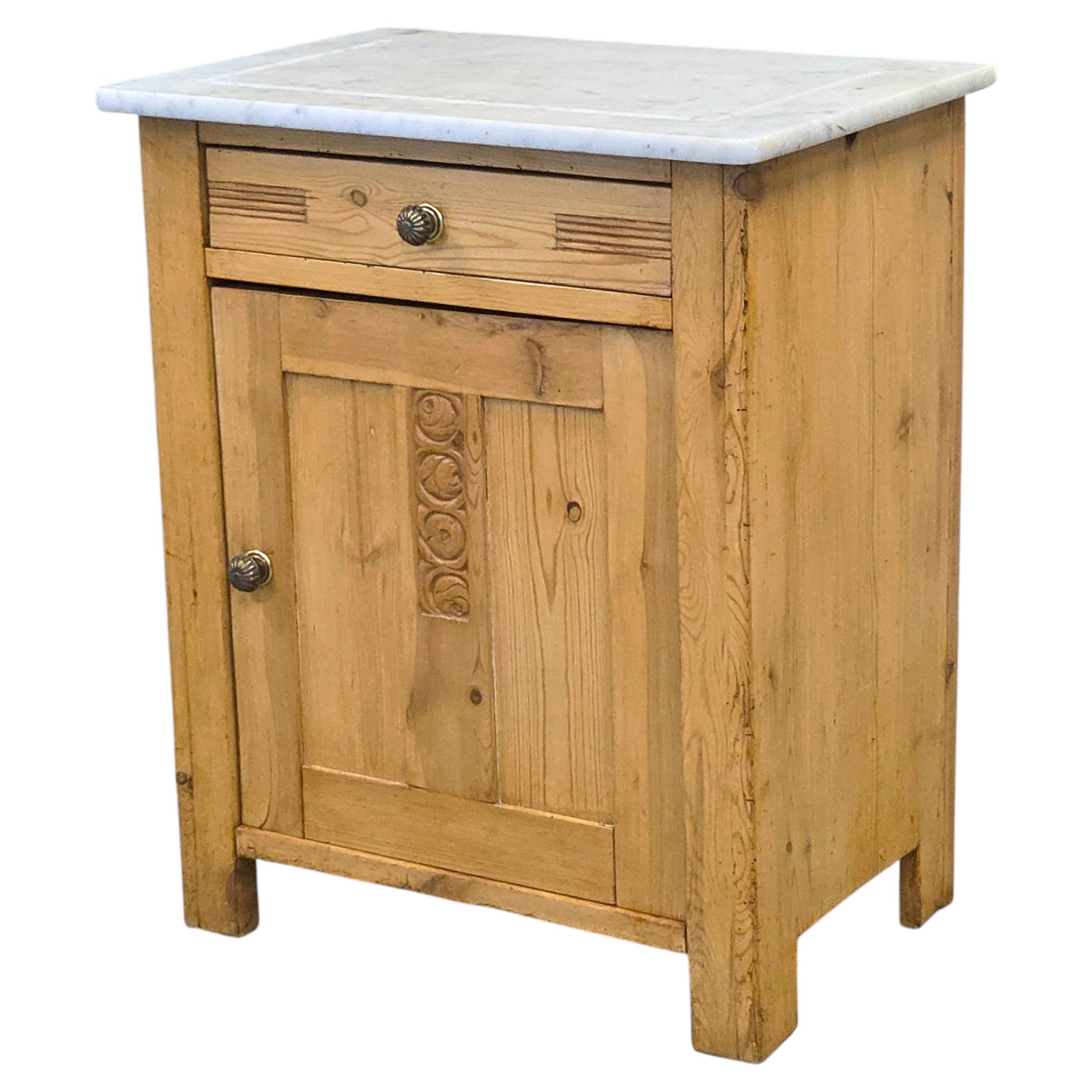 Antique European Pine and Marble Side Table or Nightstand
