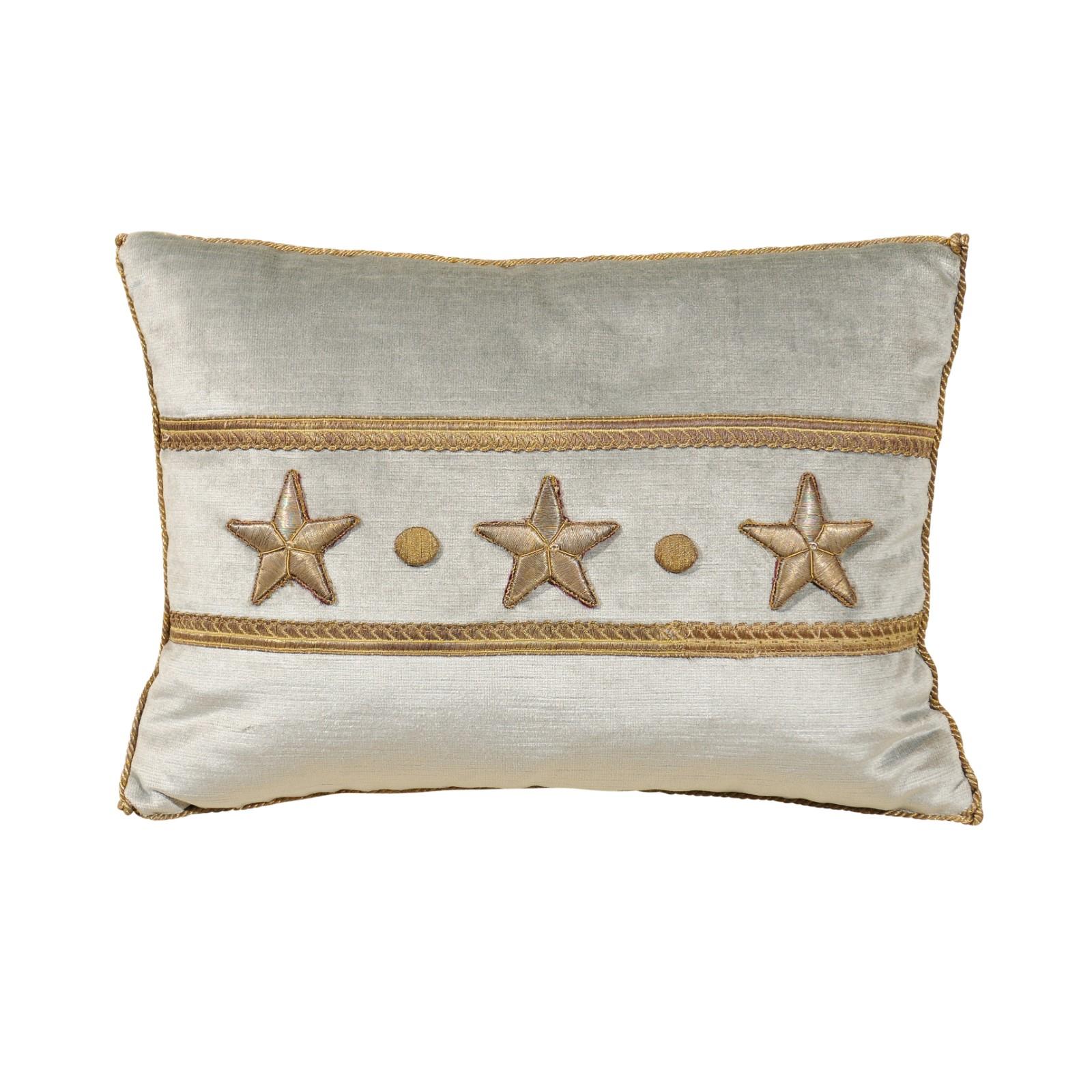 Antique European Raised Gold Metallic Stars on Pale French Blue Velvet