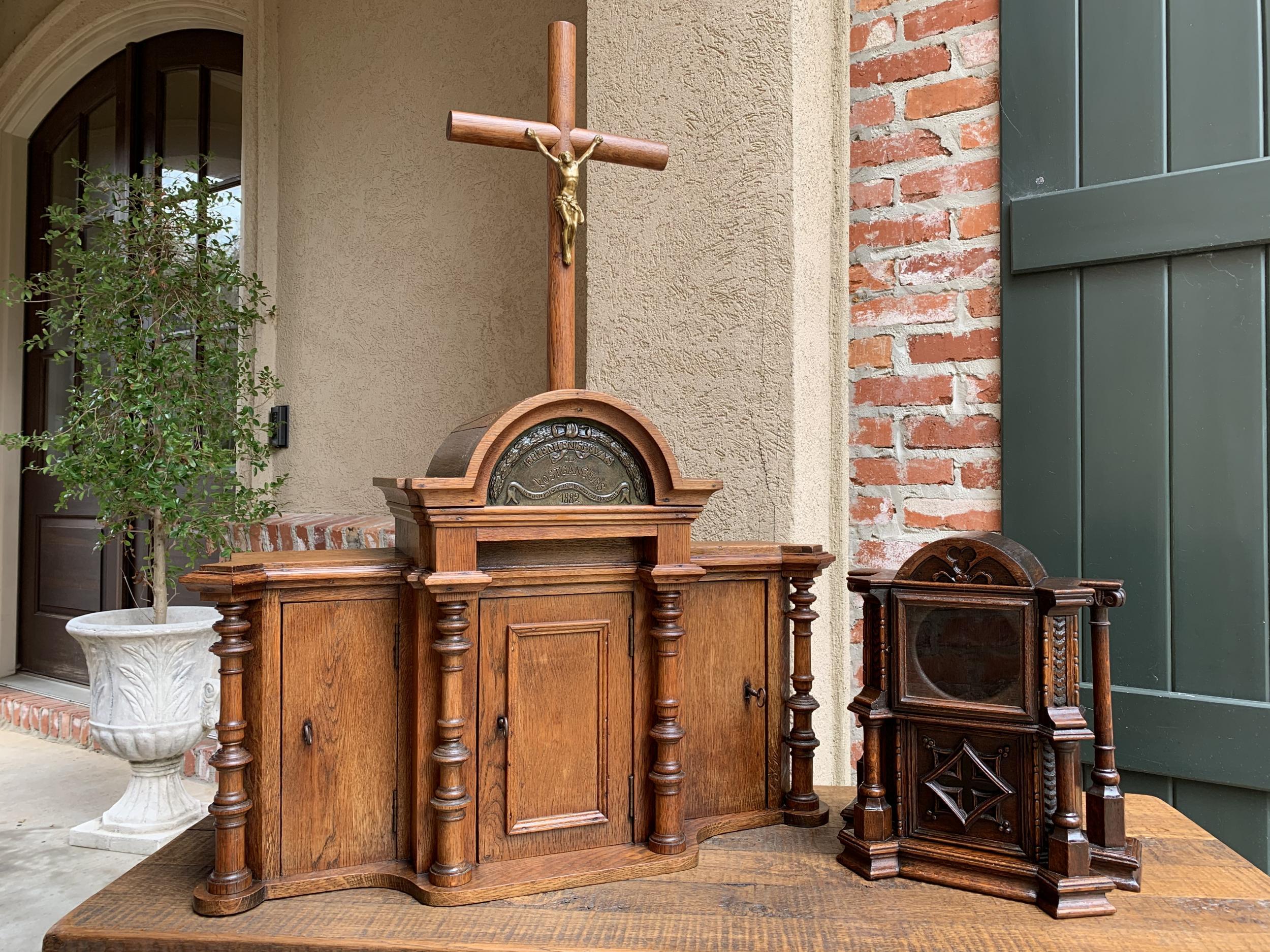 Antique European Reliquary Altar Cabinet Oak Box Liturgical 19th Century Belgium 13